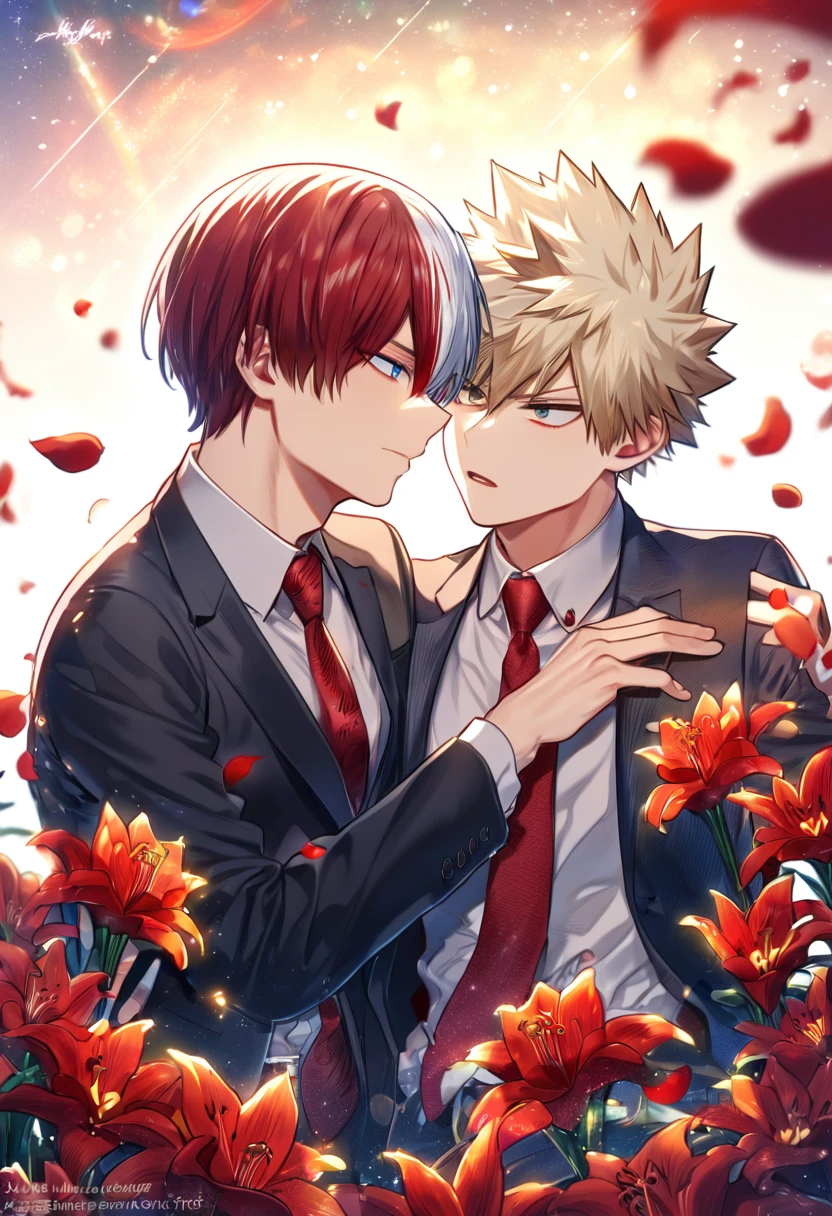 absurdres, highres, ultra detailed, HDR, master piece, Todoroki Shouto, bicolor hair, right side of hair is red, left side of hair is white, expressive blue eyes, Bakugo Katsuki, ash blonde hair, expressive red eyes, gray uniform, red necktie, Boku No Hero Academia, two sexy man together, gay couple, yaoi, handsome, best quality, red lilies flowers, fantasy, red shining fireflies, red petals, sensual, starry sky, shining, red blossoms, love