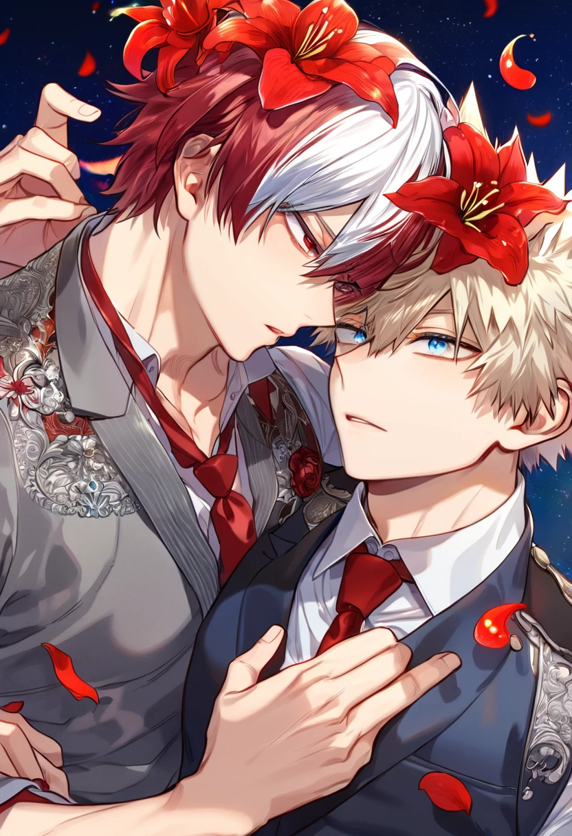 absurdres, highres, ultra detailed, HDR, master piece, Todoroki Shouto, bicolor hair, right side of hair is red, left side of hair is white, expressive blue eyes, Bakugo Katsuki, ash blonde hair, expressive red eyes, gray uniform, red necktie, Boku No Hero Academia, two sexy man together, gay couple, yaoi, handsome, best quality, red lilies flowers, fantasy, red shining fireflies, red petals, sensual, starry sky, shining, red blossoms, love