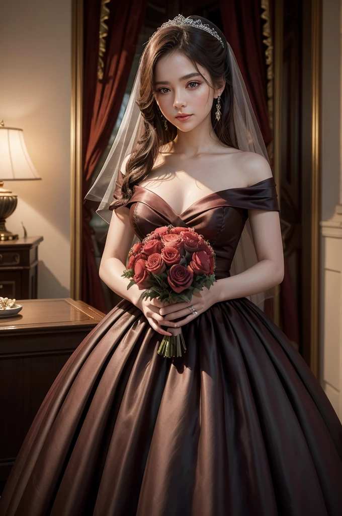 A stunning and enchanting 3D render that captures the essence of romance and elegance. A sumptuous chocolate-colored gown drapes around a 20-year-old woman, who exudes grace and poise. Her hands gently cradle a breathtaking bridal bouquet, featuring deep red roses and whimsical small hearts at the base. The bouquet is a masterpiece of artful arrangement, exuding an aura of sophistication. The background showcases the artistic styles of renowned artists Dan Mumford and Daniel Merriam, with an unparalleled attention to detail and studio-quality finish. The resulting scene is a mesmerizing blend of vibrant colors, romance, and artistic mastery, creating an unforgettable and captivating visual experience.