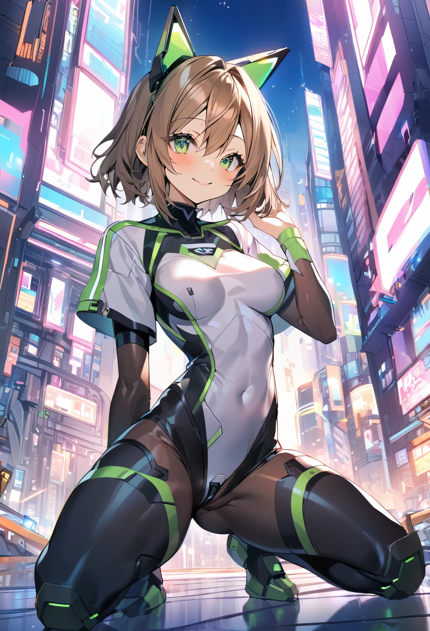 aile_megamanzx, kneeling with one hand on the ground and the other arm raised, 1girl, solo, short hair, brown hair, short sleeves, (bodysuit), robot ears, green eyes, very_short_shorts, short sleeves, short over long sleeves, smile, in futuristic city, , high quality, medium_breasts,crotch, slouch,groin