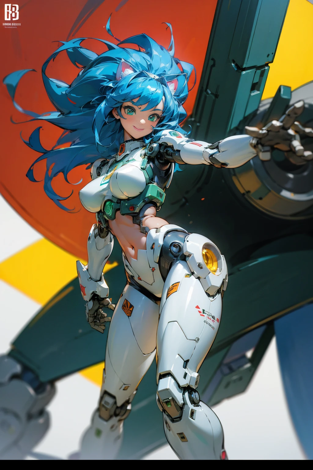 ((Masterpiece, Best Quality)), blue hair, cat tail, Green eyes, cyberpunk robot parts, smiles, happy, thicc, big breasts, big ass, illustration, ultra-detailed 8K, realistic, clear focus, highly detailed, professional lighting, colorful details, colors BREAK factory super long shot, (1 large mechanical robot), microchip, computer, luminescence, intricate details, shitu-mecha, 1girl downscale standing in front of the viewer, navel,  fighting a giant robot,