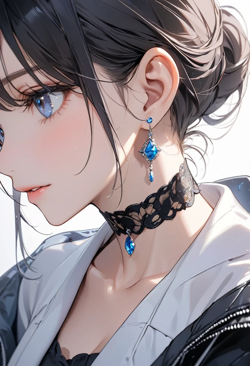 best quality, super_delicate, beautiful, 8k, jacket, earrings, choker, close up