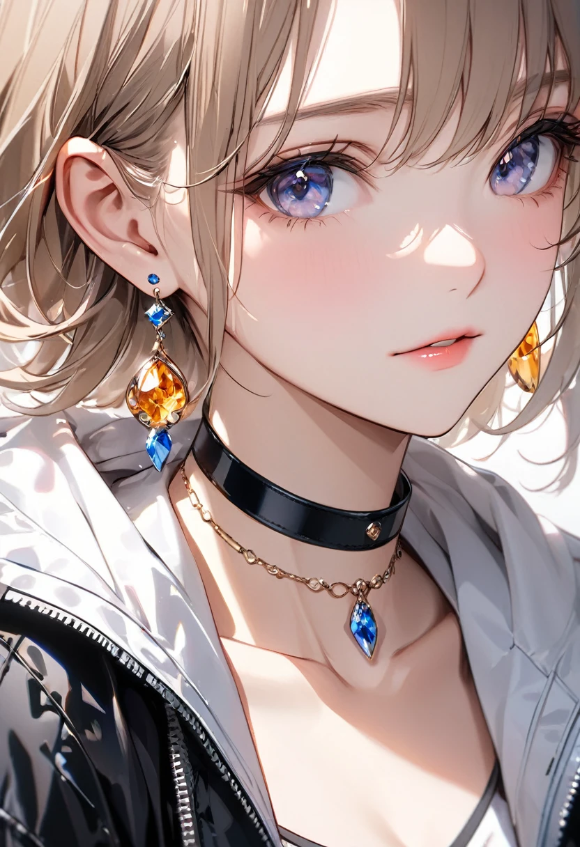 best quality, super_delicate, beautiful, 8k, jacket, earrings, choker, close up