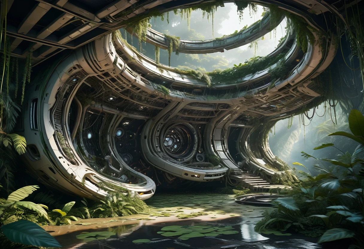 dynamic view inside of a freshly broken spaceship, pure chaos inside, hull structure is knicked and bent, inside structure is completely bent, there are holes of piercings, interior is bent and dented, cables are ripped and hanging loose, tiles are bent and pierced and dented, daylight, on a jungle clearing, 8k resolution, hyperrealistic,