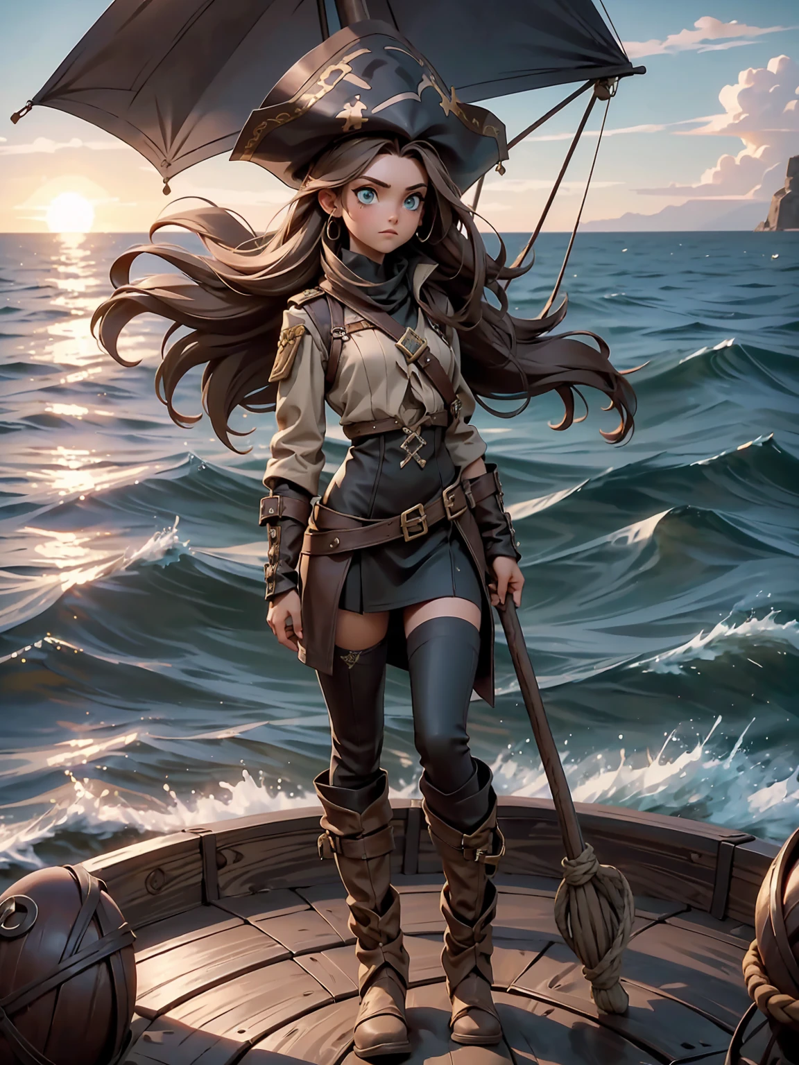 ((full body shot)) of a girl in rugged, stylish pirate attire with leather boots, a tricorn hat, and a billowing coat, standing on the deck of an ancient, weathered pirate ship. She has long, flowing brown hair and piercing green eyes. Her skin is sun-kissed, and she has a few scars that hint at past battles. She holds a gleaming cutlass in one hand and an ornate flintlock pistol in the other. The atmosphere is {adventurous|tense}, with the open sea and a setting sun casting golden hues across the scene. The ground beneath her is wooden planks, reflecting the light of the setting sun and adding to the nautical ambiance. Surrounding her are coiled ropes and scattered barrels in shades of {brown|gold}, casting a warm, maritime glow. The background features billowing sails and a distant, stormy horizon, hinting at impending adventure and danger. The scene is vibrant and energetic, with her face showing a fierce yet confident expression, her eyes focused intently on the horizon.

[Best quality], [Masterpiece], [Ultra-detailed], [4k], {adventurous|tense} atmosphere, pirate ship, {dynamic pose|heroic pose}, sunset illumination, {soft shadows|dramatic lighting}, {reflected light on wooden planks:0.7}, {billowing sails:0.6}, {coiled ropes:0.5}, {stormy horizon:0.4}, {scattered barrels:0.3}.