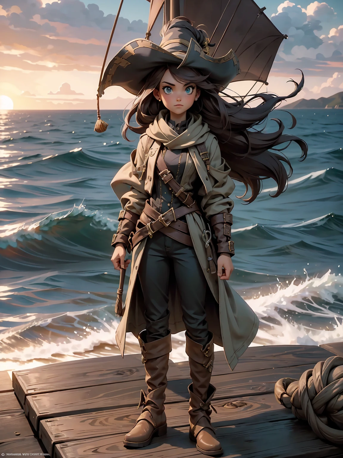 ((full body shot)) of a girl in rugged, stylish pirate attire with leather boots, a tricorn hat, and a billowing coat, standing on the deck of an ancient, weathered pirate ship. She has long, flowing brown hair and piercing green eyes. Her skin is sun-kissed, and she has a few scars that hint at past battles. She holds a gleaming cutlass in one hand and an ornate flintlock pistol in the other. The atmosphere is {adventurous|tense}, with the open sea and a setting sun casting golden hues across the scene. The ground beneath her is wooden planks, reflecting the light of the setting sun and adding to the nautical ambiance. Surrounding her are coiled ropes and scattered barrels in shades of {brown|gold}, casting a warm, maritime glow. The background features billowing sails and a distant, stormy horizon, hinting at impending adventure and danger. The scene is vibrant and energetic, with her face showing a fierce yet confident expression, her eyes focused intently on the horizon.

[Best quality], [Masterpiece], [Ultra-detailed], [4k], {adventurous|tense} atmosphere, pirate ship, {dynamic pose|heroic pose}, sunset illumination, {soft shadows|dramatic lighting}, {reflected light on wooden planks:0.7}, {billowing sails:0.6}, {coiled ropes:0.5}, {stormy horizon:0.4}, {scattered barrels:0.3}.