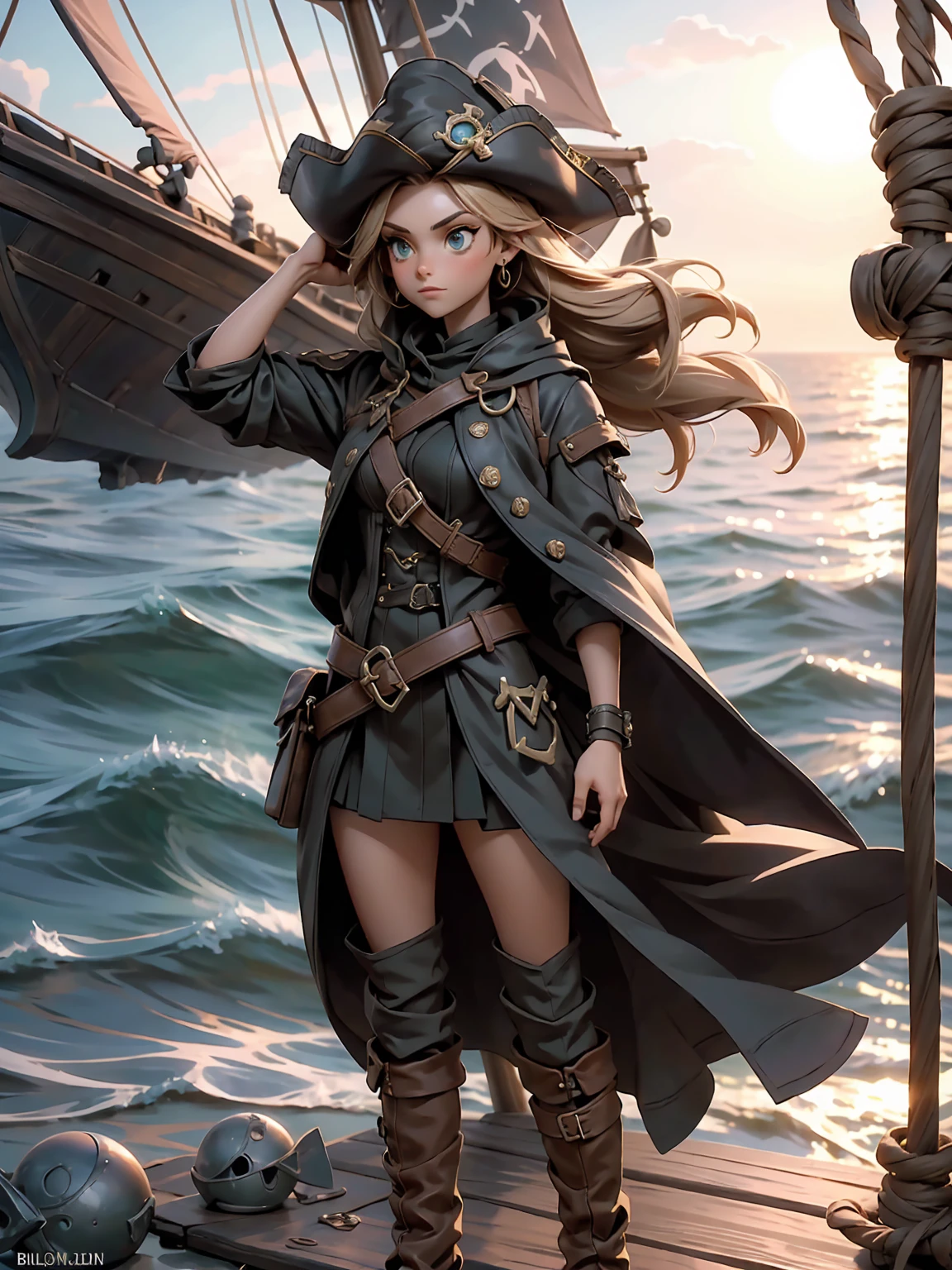 ((full body shot)) of a girl in rugged, stylish pirate attire with leather boots, a tricorn hat, and a billowing coat, standing on the deck of an ancient, weathered pirate ship. She has long, flowing brown hair and piercing green eyes. Her skin is sun-kissed, and she has a few scars that hint at past battles. She holds a gleaming cutlass in one hand and an ornate flintlock pistol in the other. The atmosphere is {adventurous|tense}, with the open sea and a setting sun casting golden hues across the scene. The ground beneath her is wooden planks, reflecting the light of the setting sun and adding to the nautical ambiance. Surrounding her are coiled ropes and scattered barrels in shades of {brown|gold}, casting a warm, maritime glow. The background features billowing sails and a distant, stormy horizon, hinting at impending adventure and danger. The scene is vibrant and energetic, with her face showing a fierce yet confident expression, her eyes focused intently on the horizon.

[Best quality], [Masterpiece], [Ultra-detailed], [4k], {adventurous|tense} atmosphere, pirate ship, {dynamic pose|heroic pose}, sunset illumination, {soft shadows|dramatic lighting}, {reflected light on wooden planks:0.7}, {billowing sails:0.6}, {coiled ropes:0.5}, {stormy horizon:0.4}, {scattered barrels:0.3}.