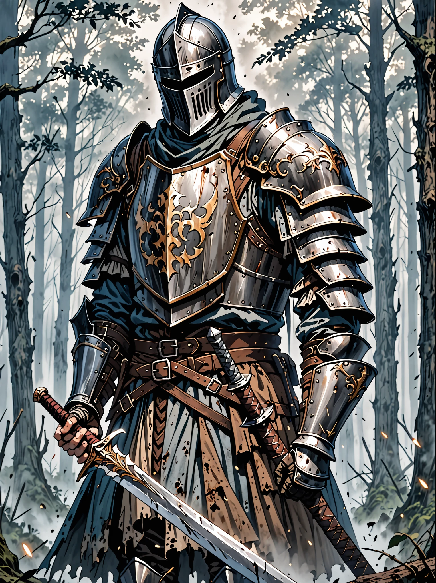 solo male knight, ancient and worn down western armor, faceless, tattered clothes, misty forest, wielding a western sword, close up, chivalrous, noble, scary but endearing, enchanted knight, slightly clumsy knight