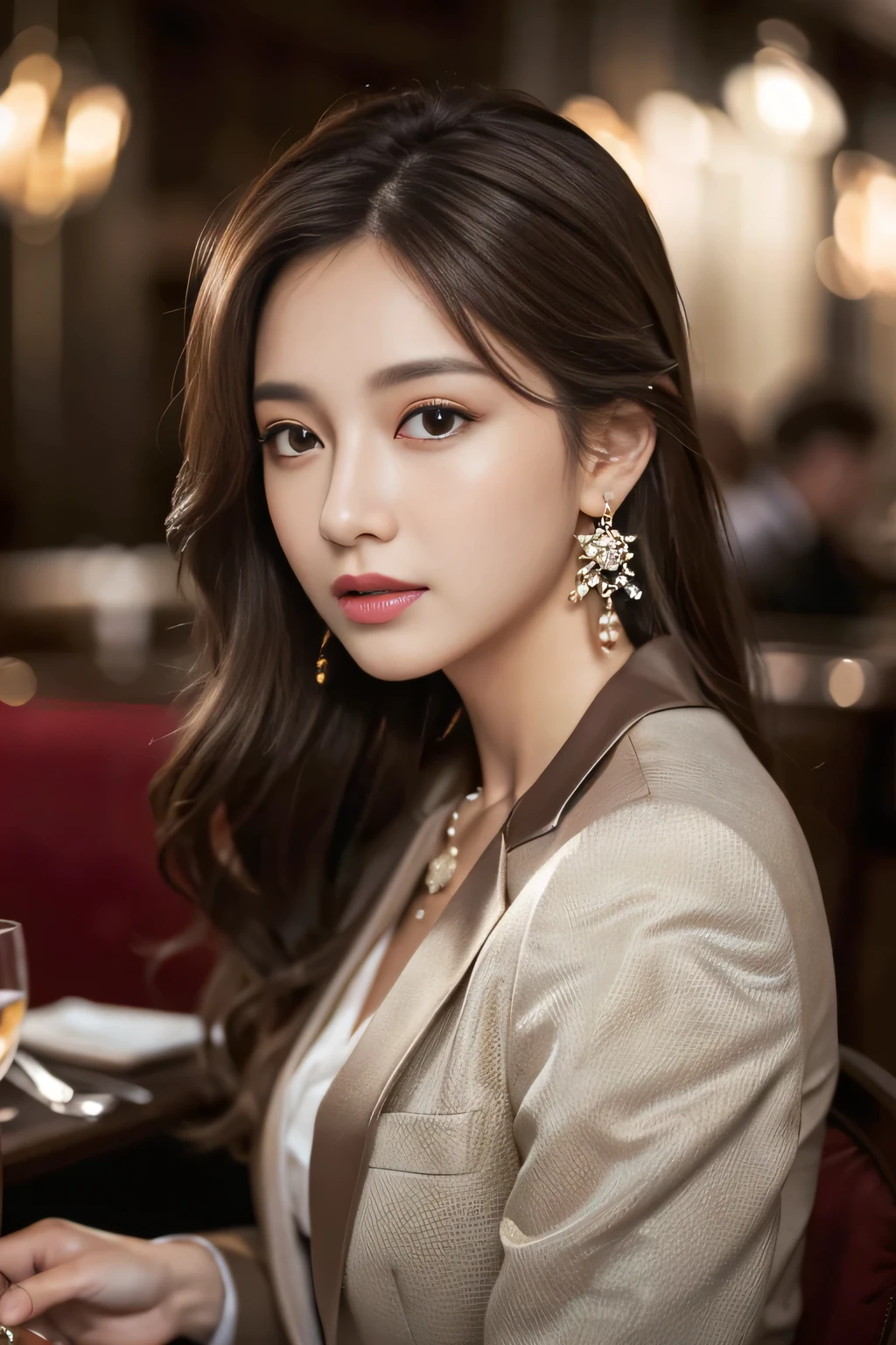 masterpiece, Highest quality, Realistic, Very detailed, Finer details, High resolution, 8k wallpaper, One beautiful woman, Wear a nice suit, In a great restaurant, At night, Light brown messy hair, Perfect dynamic composition, Beautiful and beautiful eyes、Big earrings、