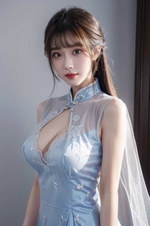 ((masterpiece、best quality))、shape、super detailed、8k、actual、sharp focus、Very detailed、professional lighting、spotlight、Colorful details、Detailed texture,A stunningly beautiful girl,Wearing a transparent cheongsam,(most suitable hairstyle:1.4)、(in the most helpful way:1.3)、(Half-length photo:1.4)、big breasts、perfect style、Body、18 years old、Smile、armpit