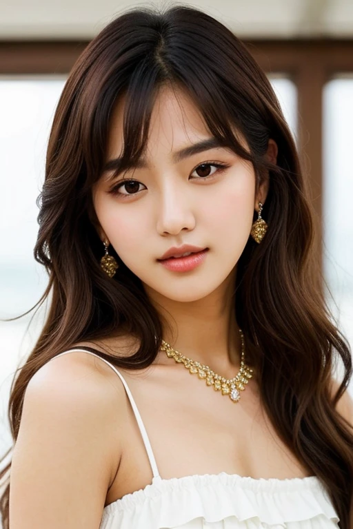Create a kpop idol ,not so dark, straight brown hair,Brown eyes, with an elegant and exotic concept