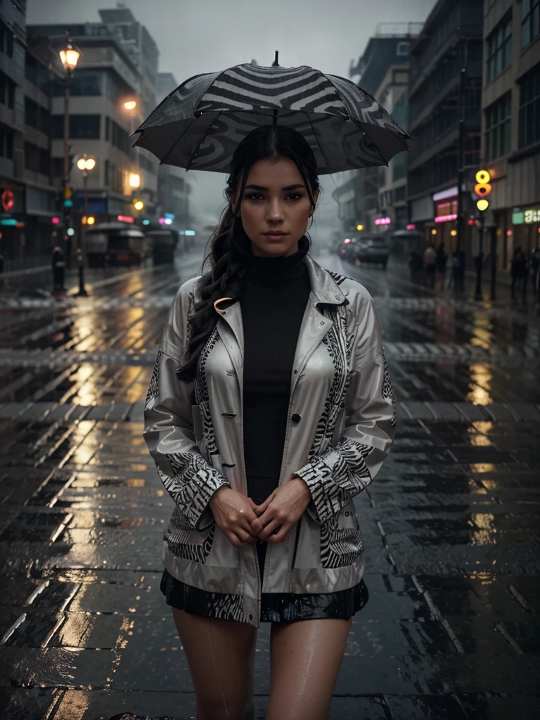 a girl standing in the middle of a zebra crossing holding an umbrella, rainy day, realistic, cinematic lighting, volumetric fog, wet asphalt, high quality, 8k, photorealistic, intricate details, beautiful detailed eyes, beautiful detailed lips, extremely detailed face and portrait, long eyelashes, moody atmosphere, cinematic composition, dramatic lighting, vibrant colors, realistic rain effects