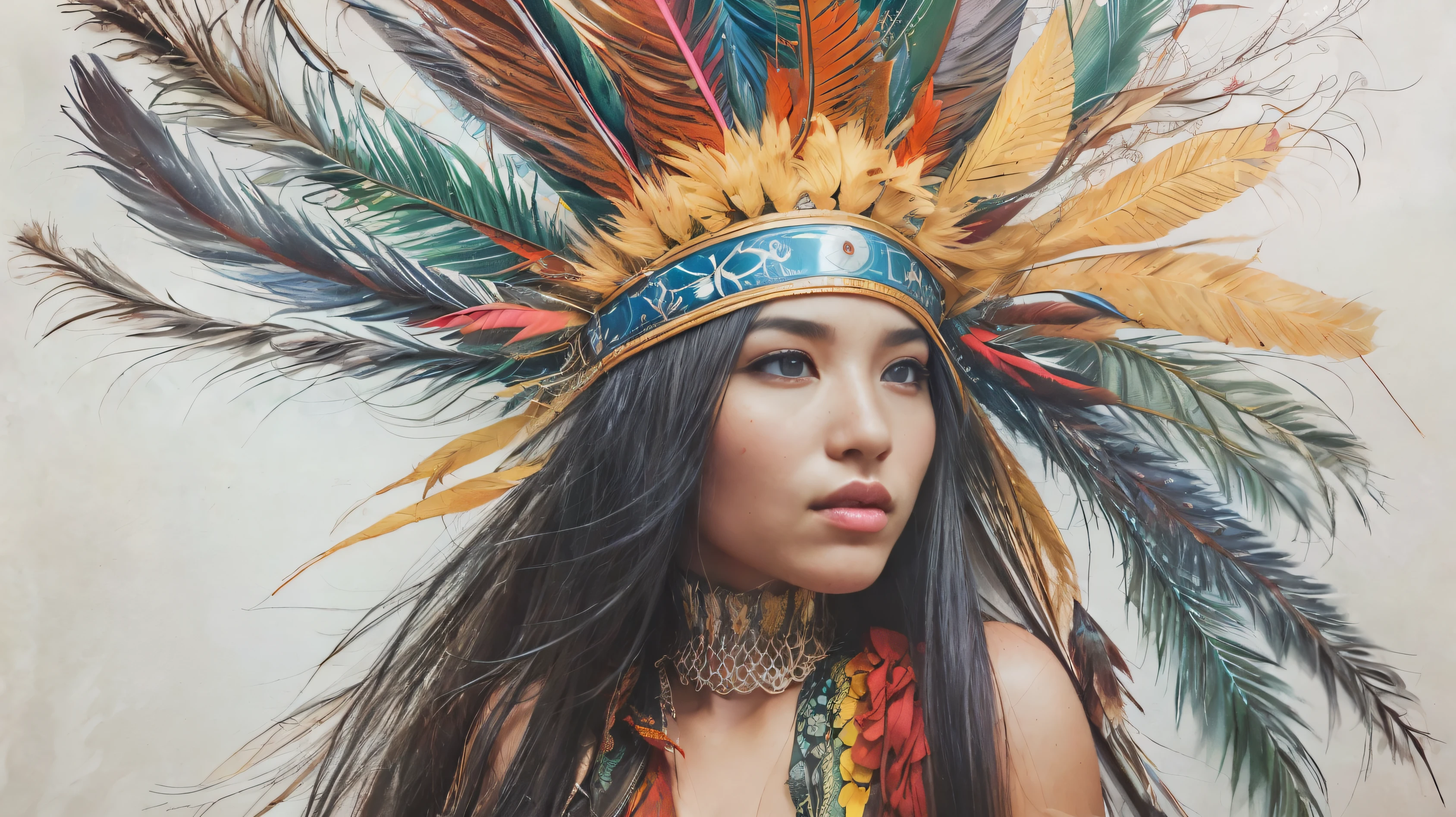 On a sketchbook page with subtle blue lines, a captivating indigenous woman gazes at the viewer with a gentle smile. Her long, dark hair cascades elegantly over her shoulders. She wears a traditional headdress adorned with vibrant red, yellow, and purple feathers, creating a striking contrast against the white background of the paper. This artwork, a masterpiece of pencil painting, draws inspiration from the hyper-realistic and detailed style of Diego Koi, the renowned Italian artist. The composition emphasizes meticulous shading, intricate textures, and a harmonious blend of colors, bringing the subject to life with impressive depth and realism.