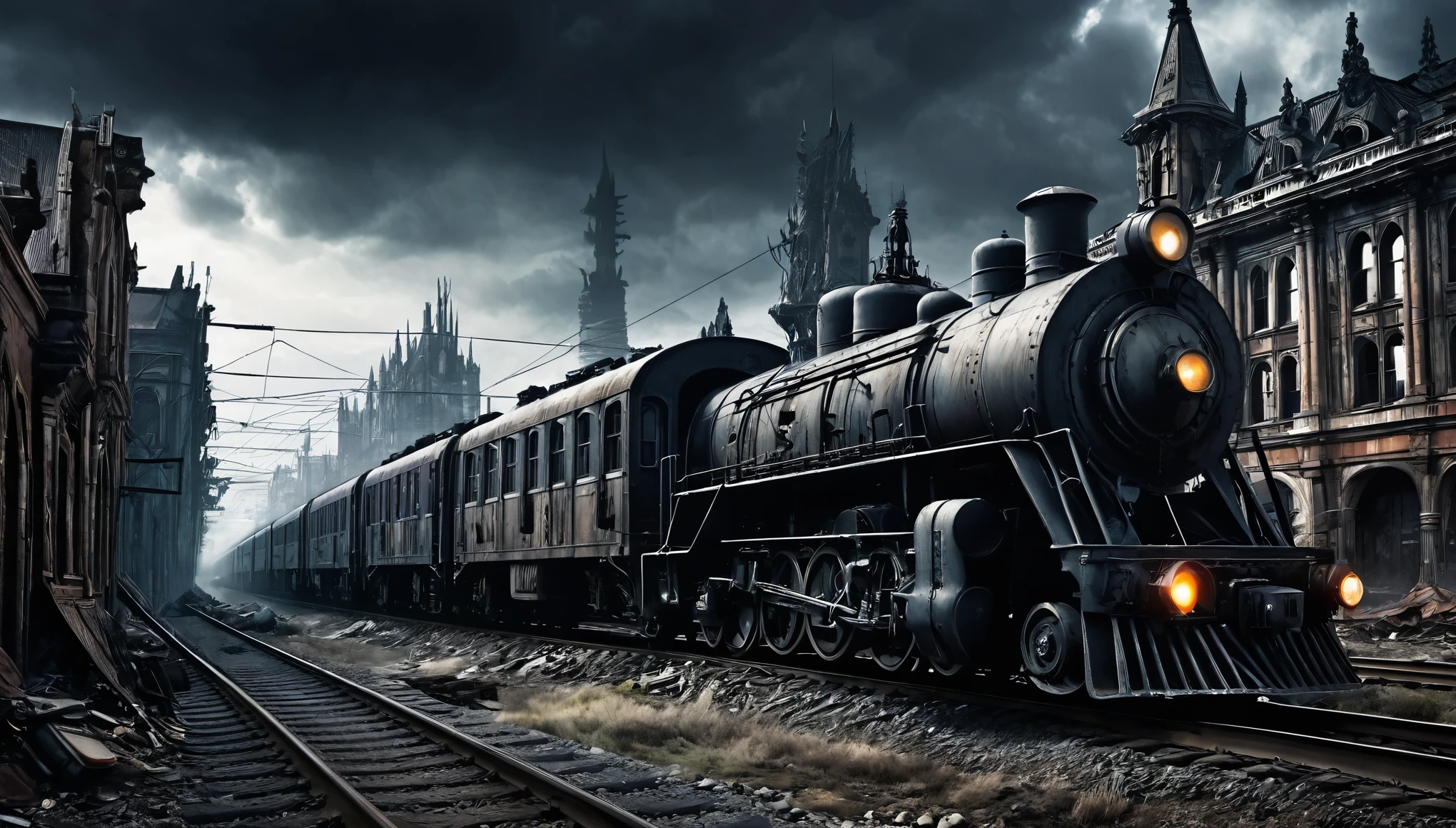 surrealism gothic dark post apocalyptic city train