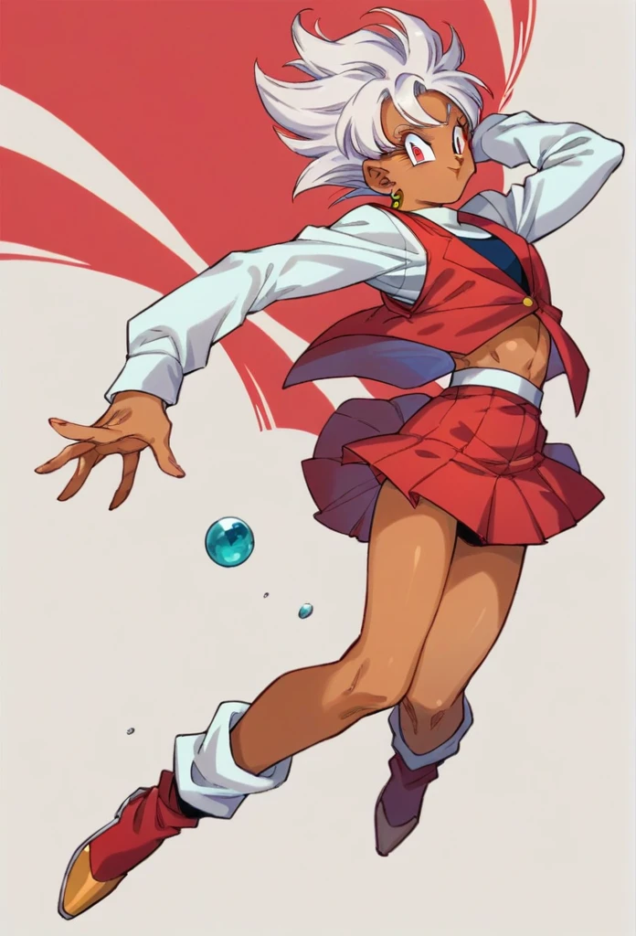 90s anime style Brown skinned female android from dragon ball z in a red skirt suit full body skinny  red suit and red skirt 