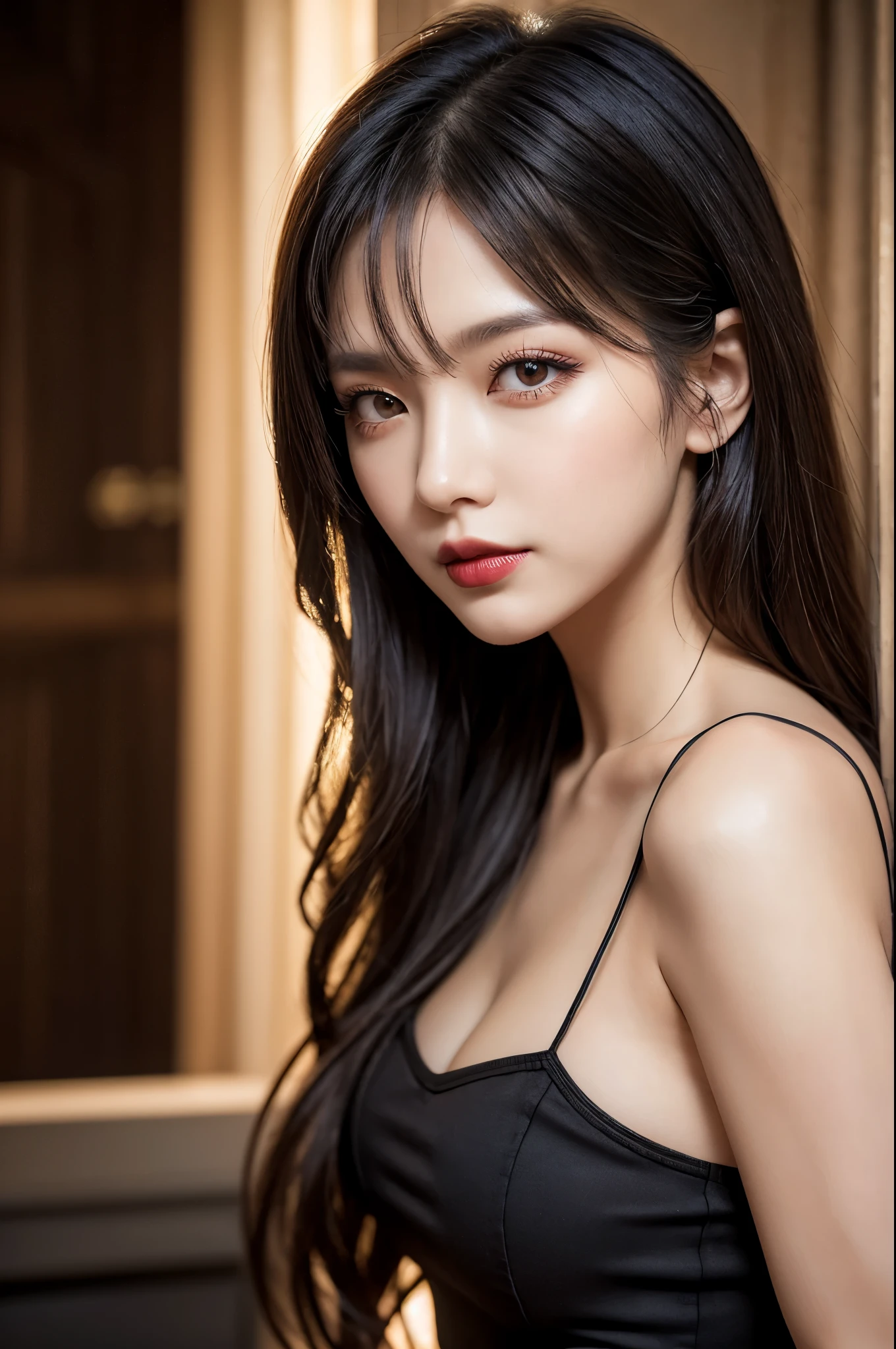 (8k, Ultra-high resolution, The best masterpiece, best quality:1.2), Very detailed, Complete Solution, (actual, actual photo: 1.37), focus on eyes, HD RAW photos, career arrest, High quality and beautiful, 超高清 8k 影像照片, Volumetric lighting, Soft Light, confess, Professional photography, Very detailed的美麗女孩, Super delicate face shape, Contoured eyes, (Very detailed eyes), Precisely shaped nose, expressive lips, Delicate skin, (HD Skin:1.2), Neatly contoured fingers, Every feature is carefully displayed, A girl, Twenty generations, cute and pretty face, black long straight hair, Long bangs cover the eyes, Long eyelashes, (Beautiful eyes), Small Eyes, upturned eyes, (Dark lipstick), (Gothic dark eyeshadow), slim, Slender limbs, Black Spaghetti Strap Dress, Beautiful legs, Inside the old railway station, dust, perfect anatomy, Detailed background, HD background without blur, actual, stunning details, 8k Ultra HD, high quality, CG unity, C4D Rendering, 3D Rendering
