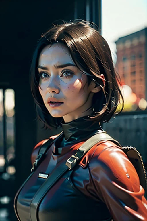 A still from a film showing a female mech pilot standing in front of her (Large combat mech:1.3), Sci-Fi Armor, military base, Strong winds, Sci-fi helmet in hand, visor, Detailed eyes, dry skin, Skin fuzz, Visible skin hair, Skin blemishes ,, Shallow depth of field, Vignette, Very detailed, big budget hollywood movie, Bokeh, CinemaScope, Sulky, amazing, nice, Film Grain