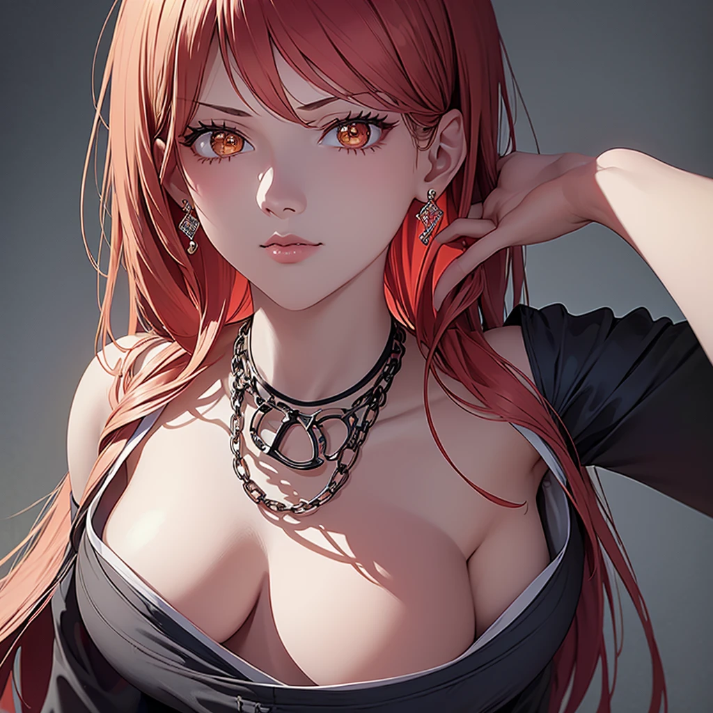 (finely detailed beautiful eyes and detailed face,masterpiece sidelighting,masterpiece,best quality,detailed,high resolution illustration),, (1girl,whole body,bishoujo,lustrous skin,looking down,looking at viewer),, (red hair, grey eyes,ribbon,hanbok, korean clothes), (chain collar) (Chain behind his back),(earings)(clothed_underbust:1.2),underboob, perfect eyes, perfect hand (Large breast)