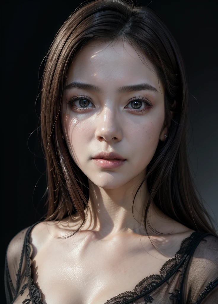masterpiece,best quality, (one lady), ((portrait:1.5)), makeup, elegant black shirt, lewd, erotic, touch own chest, ((seduction expression)), ,background black