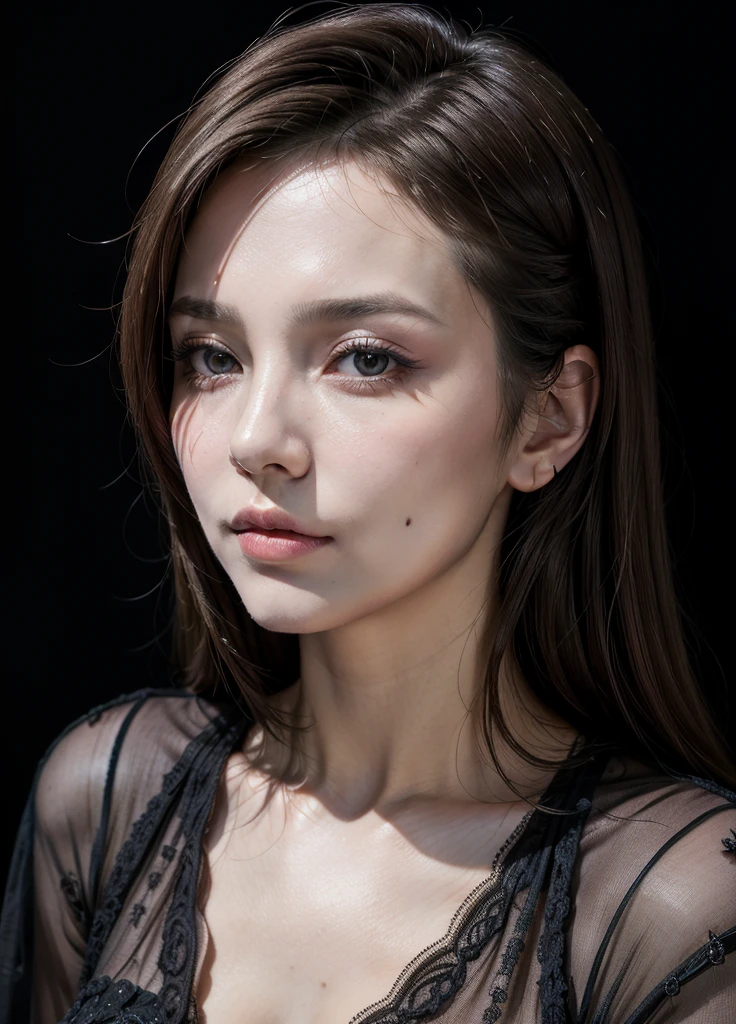 masterpiece,best quality, (one lady), ((portrait:1.5)), makeup, elegant black shirt, ????, ??????, touch own chest, ((seduction expression)), ,background black