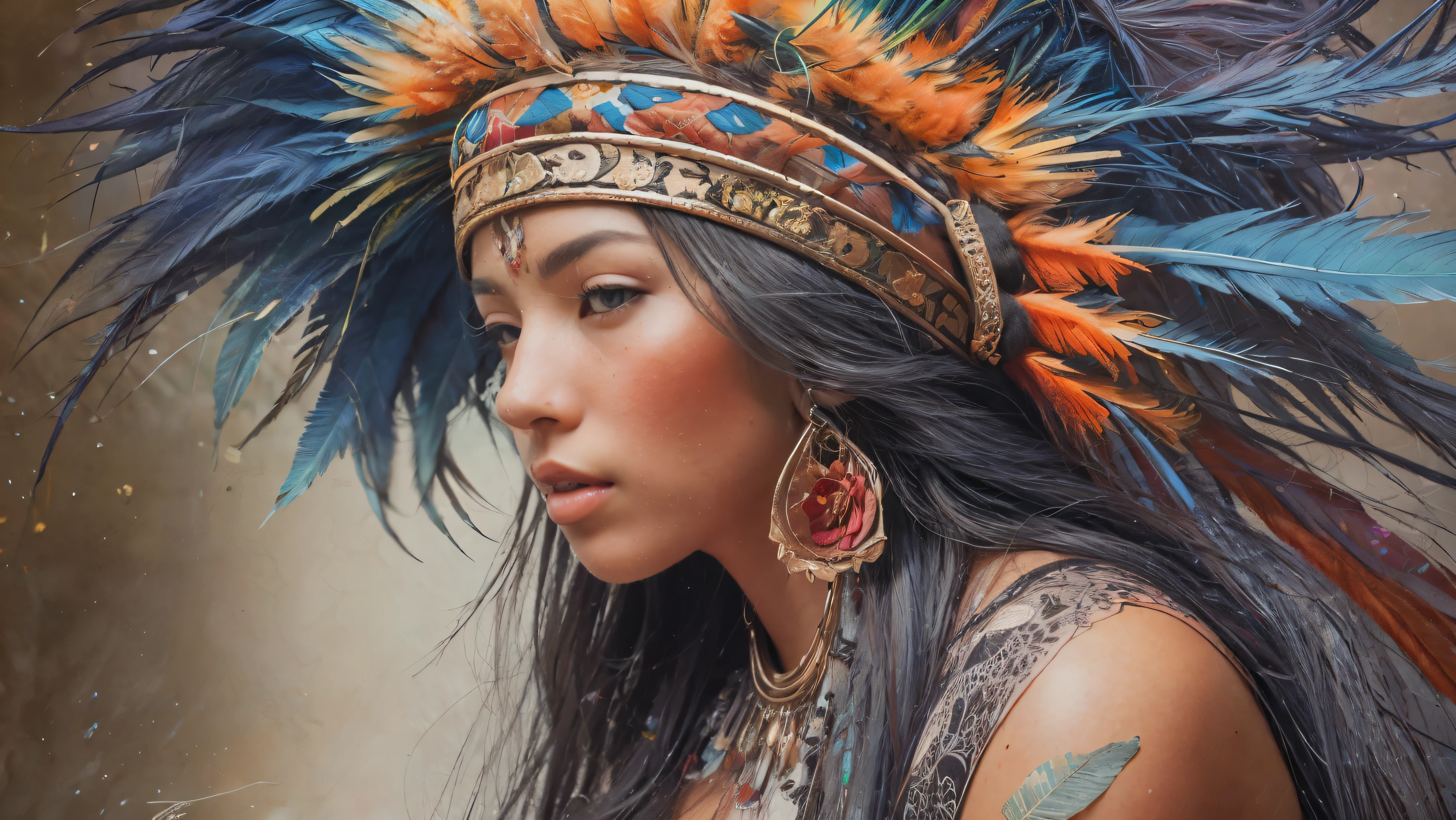 On a sketchbook page with subtle blue lines, a captivating indigenous woman gazes at the viewer with a gentle smile. Her long, dark hair cascades elegantly over her shoulders. She wears a traditional headdress adorned with vibrant red, yellow, and purple feathers, creating a striking contrast against the white background of the paper. This artwork, a masterpiece of pencil painting, draws inspiration from the hyper-realistic and detailed style of Diego Koi, the renowned Italian artist. The composition emphasizes meticulous shading, intricate textures, and a harmonious blend of colors, bringing the subject to life with impressive depth and realism.