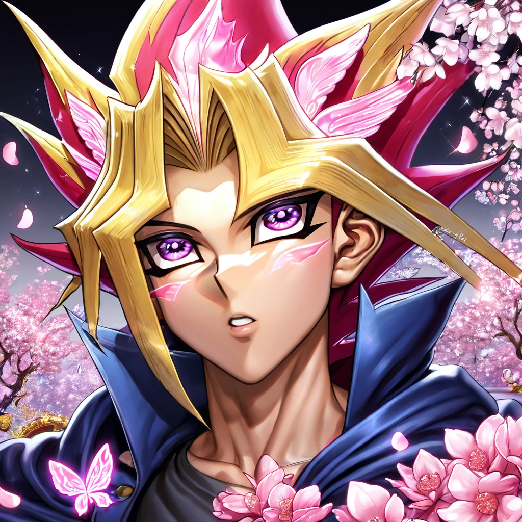 absurdres, highres, ultra detailed, HDR, master piece, best quality, extremely detailed, Yami Yugi, blonde hair, expressive purple eyes, Yu-Gi-Oh, solo, sexy man, handsome, sensual, dark blue cape, black shirt, magical, sparkling, pink glittering fireflies, pink ice, pink ice butterflies, pink ice petals, pink ice cherry blossoms, pink crystal, pink flowers