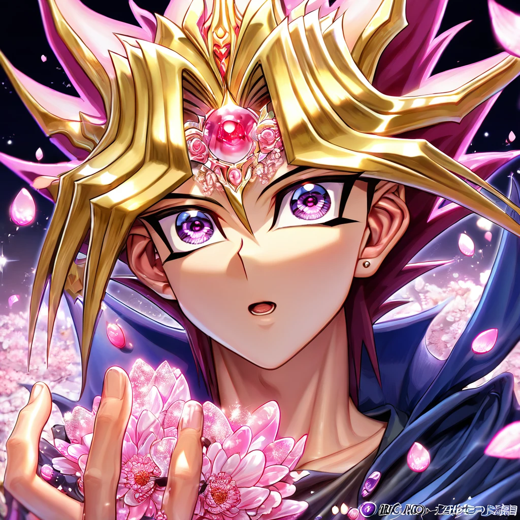 absurdres, highres, ultra detailed, HDR, master piece, best quality, extremely detailed, Yami Yugi, blonde hair, expressive purple eyes, Yu-Gi-Oh, solo, sexy man, handsome, sensual, dark blue cape, black shirt, magical, sparkling, pink glittering fireflies, pink ice, pink ice butterflies, pink ice petals, pink ice cherry blossoms, pink crystal, pink flowers