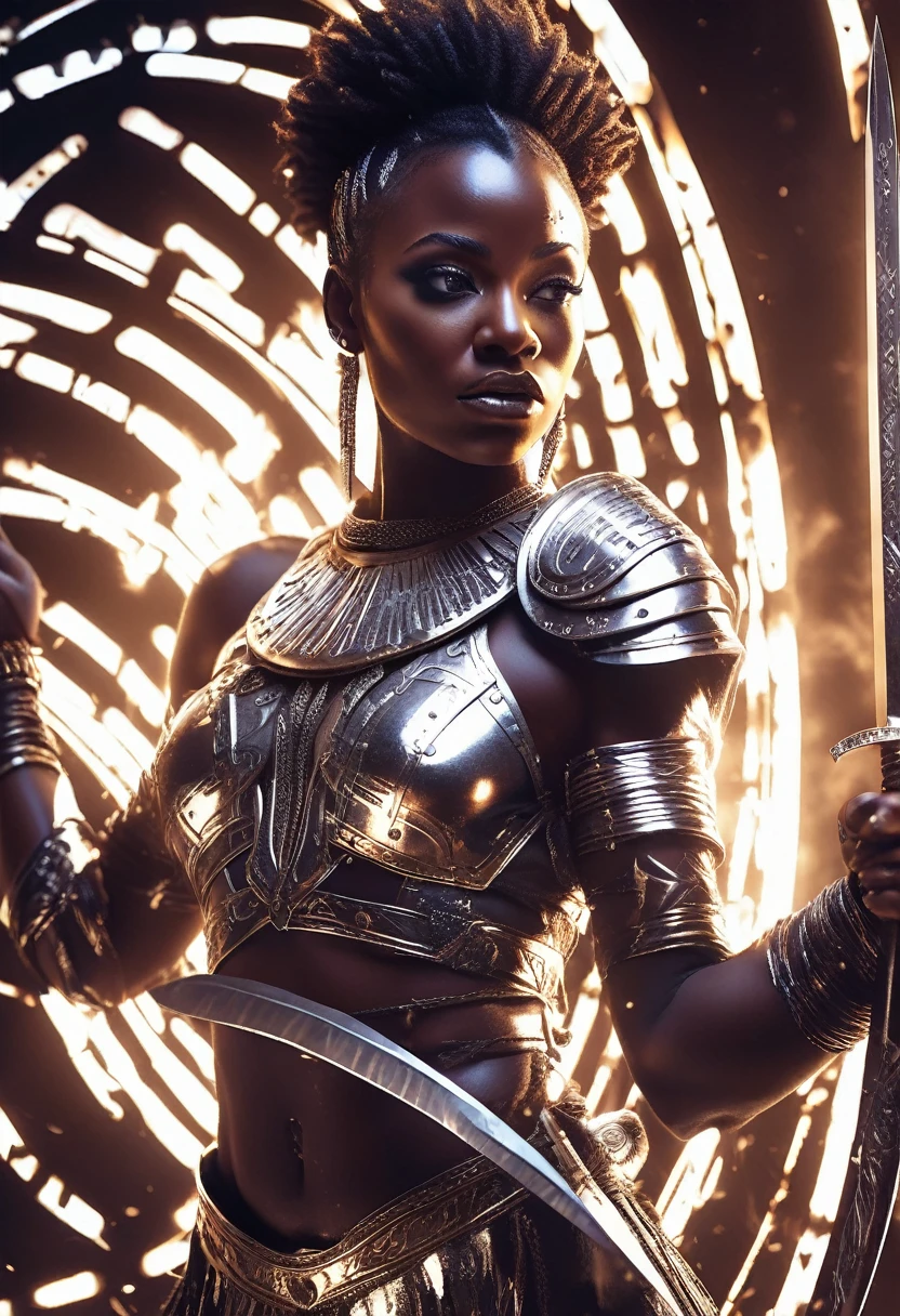 half body shot of black woman dressed in metallic African designed clothes, spears and swords piercing in circular background, black and white cinematic image, 32k, ultra HD, unreal engine rendered, beautiful and vibrant scene. Cinematic film still, shot on v-raptor XL, film grain, vignette, color graded, post-processed, cinematic lighting, 35mm film, live-action, best quality, atmospheric, a masterpiece, epic, stunning, dramatic
