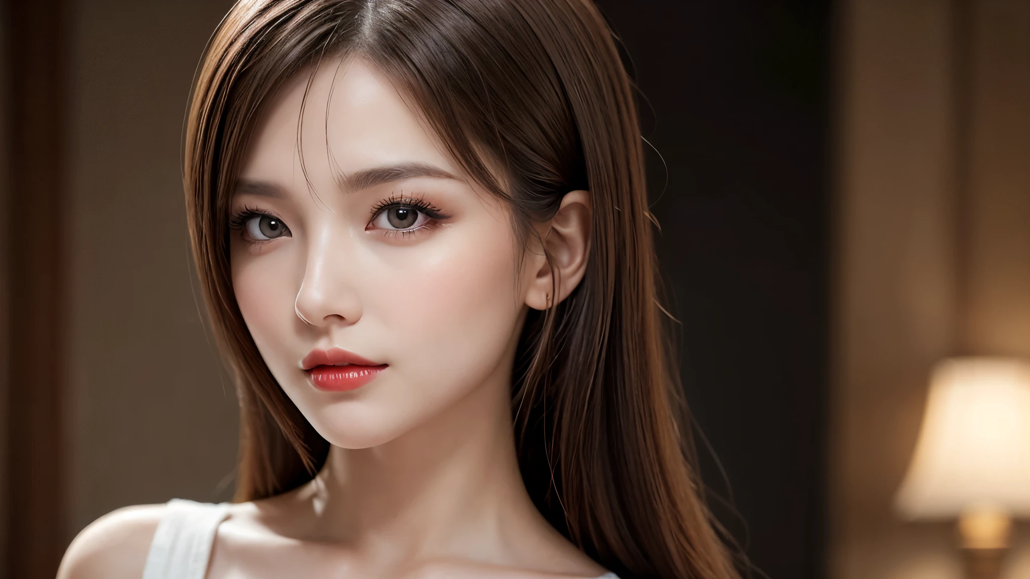(8k, Ultra-high resolution, The best masterpiece, best quality:1.2), Very detailed, Complete Solution, (actual, actual photo: 1.37), portrait, Half Body, focus on eyes, HD RAW photos, career arrest, High quality and beautiful, 超高清 8k 影像照片, Volumetric lighting, Soft Light, confess, Professional photography, Very detailed的美麗女孩, Super delicate face shape, Contoured eyes, (Very detailed eyes), Precisely shaped nose, expressive lips, Delicate skin, (HD Skin:1.2), Neatly contoured fingers, Every feature is carefully displayed, a story, (20:1.2), Twenty generations, cute girl, young mother, Beautiful mature lady, brown hair, long, straight hair, sparkling amber eyes, red lips, Eye makeup, Cleavage, Stylish casual wear, perfect anatomy, Detailed background, HD background without blur, particle, actual, stunning details, 8k Ultra HD, high quality, CG unity, C4D Rendering, 3D Rendering