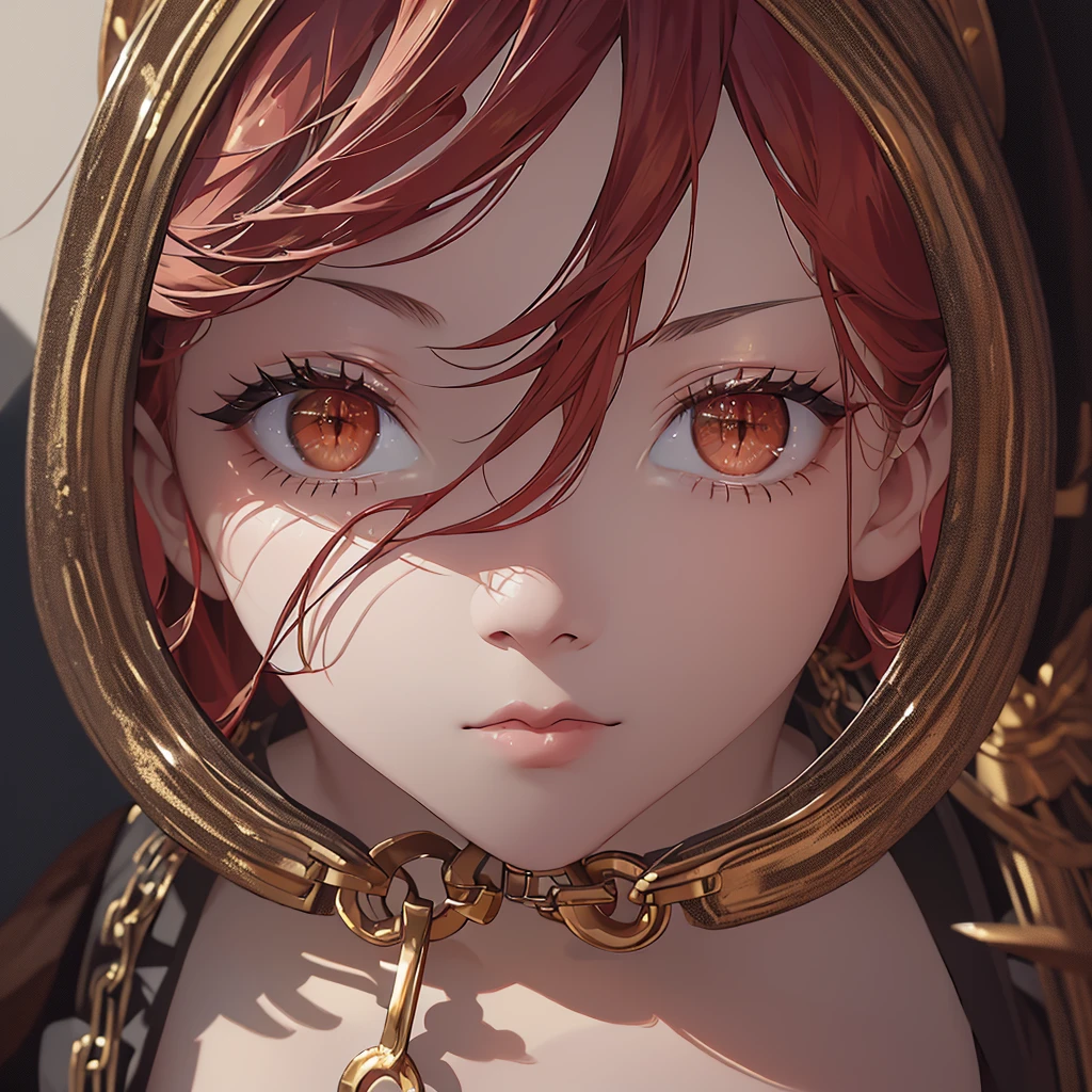 (finely detailed beautiful eyes and detailed face,masterpiece sidelighting,masterpiece,best quality,detailed,high resolution illustration),, (1girl,whole body,bishoujo,lustrous skin,looking down,looking at viewer),, (red hair, grey eyes,ribbon,hanbok, korean clothes), (chain collar) (Chain behind his back),(earings)(clothed_underbust:1.2),underboob, perfect eyes, perfect hand (Large breast)