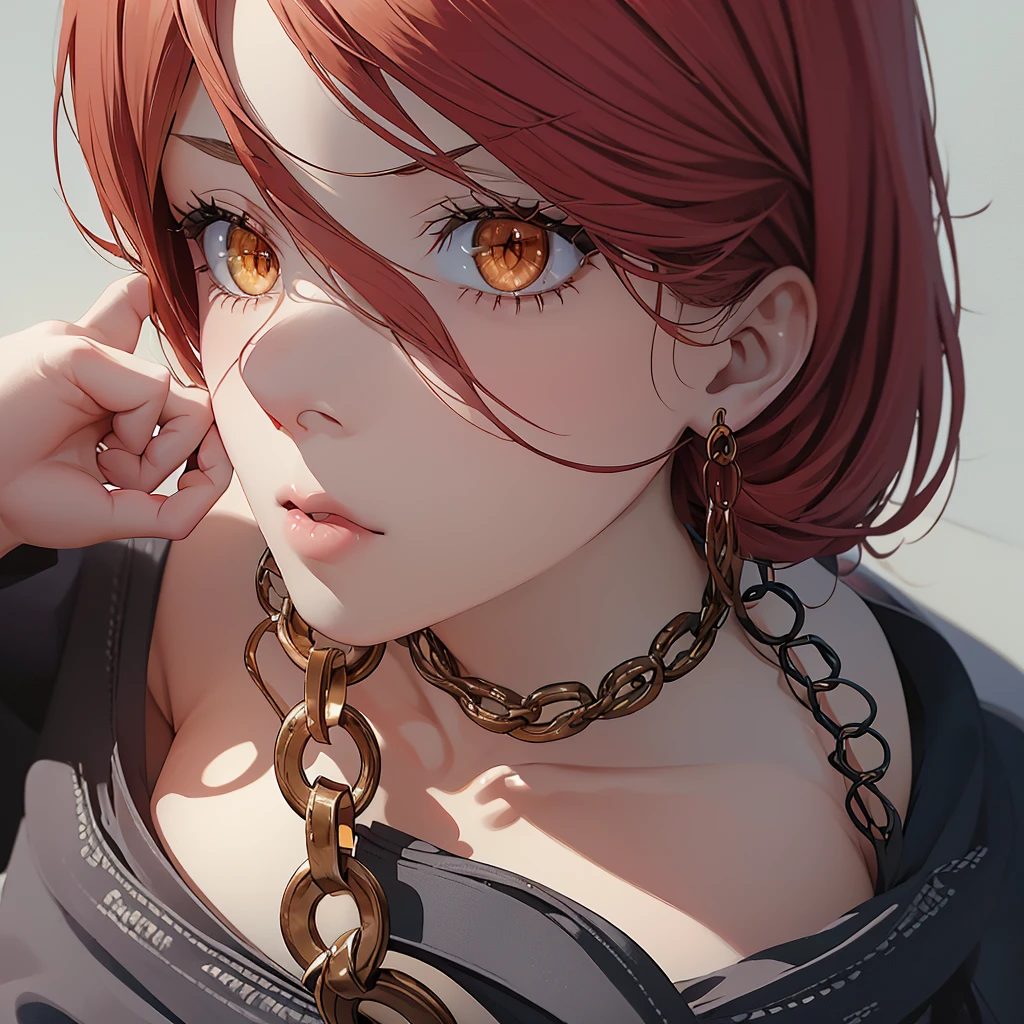 (finely detailed beautiful eyes and detailed face,masterpiece sidelighting,masterpiece,best quality,detailed,high resolution illustration),, (1girl,whole body,bishoujo,lustrous skin,looking down,looking at viewer),, (red hair, grey eyes,ribbon,hanbok, korean clothes), (chain collar) (Chain behind his back),(earings)(clothed_underbust:1.2),underboob, perfect eyes, perfect hand (Large breast)