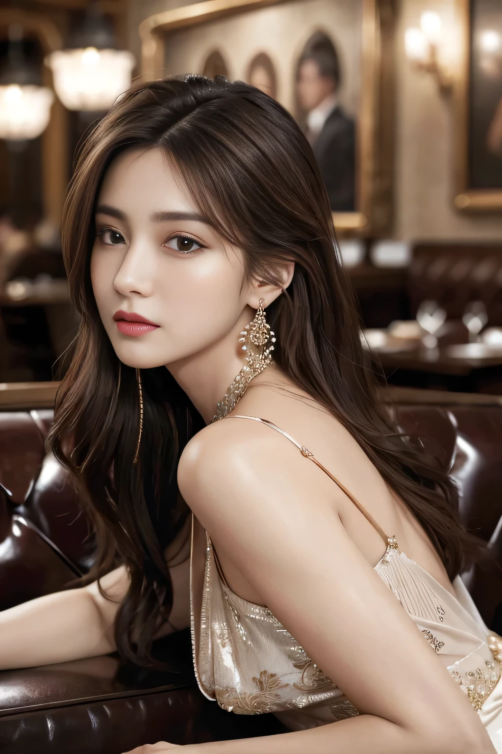 masterpiece, Highest quality, Realistic, Very detailed, Finer details, High resolution, 8k wallpaper, One beautiful woman, Wear a nice suit, In a great restaurant, At night, Light brown messy hair, Perfect dynamic composition, Beautiful and beautiful eyes、Big earrings、Sit on the sofa、