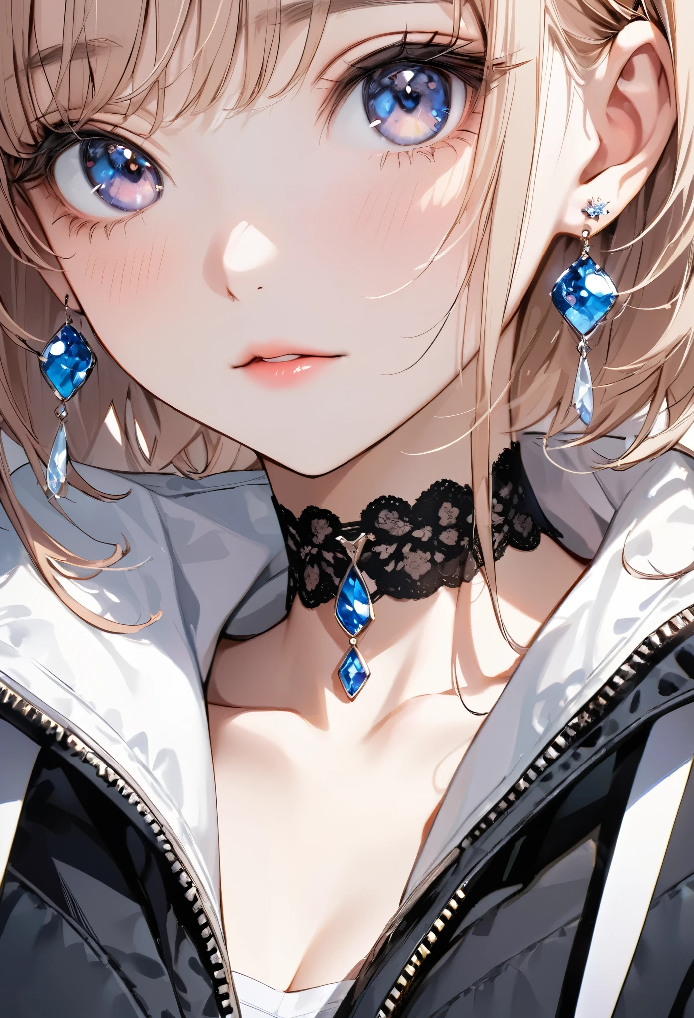 best quality, super_delicate, beautiful, 8k, jacket, earrings, choker, close up