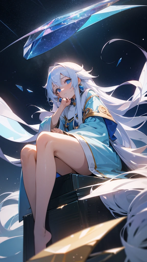 Anime Girl,White long hair,Blue Eyes,shy,cute,grace,Sitting dignifiedly,high resolution, masterpiece, Anatomically correct, Ultra HD, high quality,Crystal Earrings, Starry sky background,Wear magic robes,Spells are being cast