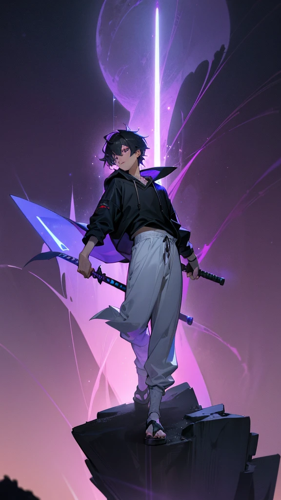 a age anime boy, black hoodie, white harem pants, watching night sky, purple color, black sword with purple saber, hyperrealistic, 8k, extremely detailed, dramatic lighting, cinematic, moody atmosphere, vibrant colors, photorealistic, digital art, concept art