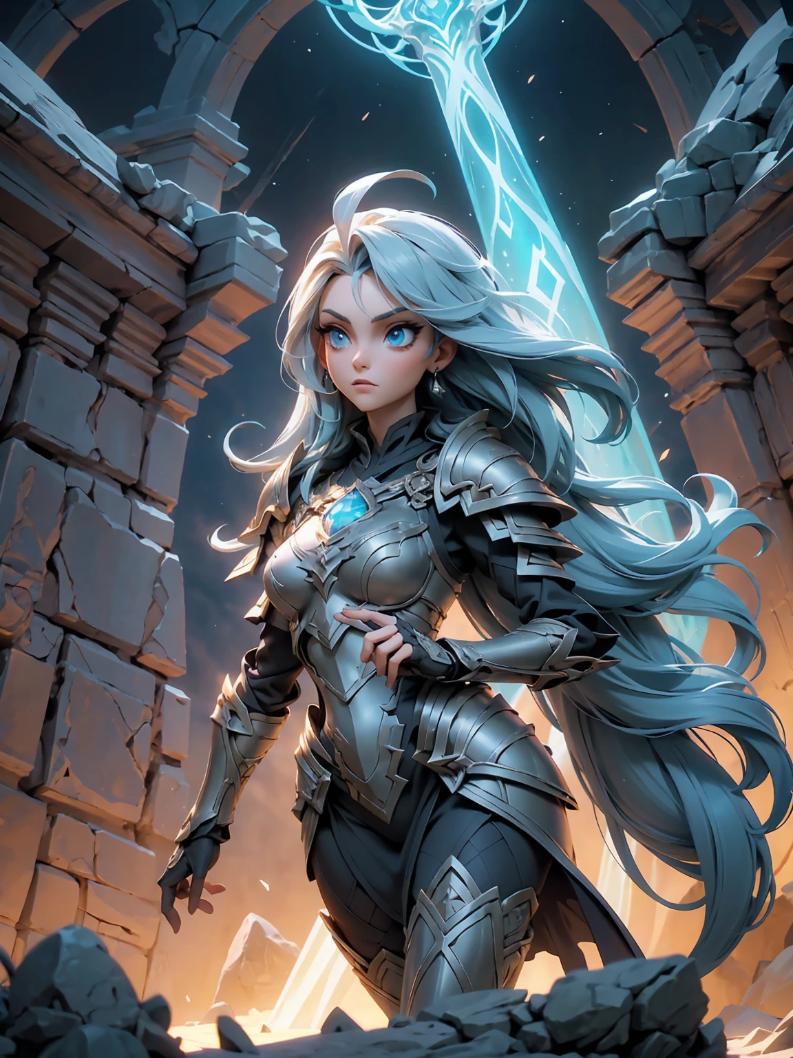 Full body shot of a fearless paladin with unparalleled beauty, featuring long, dark hair and striking blue eyes. She wears intricately designed draconic armor that glimmers with a mystical aura. Her armor is adorned with dragon scales and ornate patterns, giving it both an imposing and elegant appearance. In her hand, she wields a magnificent sword, the blade shimmering with a divine light, etched with runes of power. She stands in a majestic, celestial landscape, with radiant light filtering through the clouds, casting a holy glow upon her. The ground beneath her is a mix of ancient stones and sacred symbols, glowing softly as if infused with holy energy. Surrounding her are ethereal figures in shades of gold and white, their presence adding to the divine ambiance. The background features towering, ancient ruins and magnificent, skyward-reaching structures, hinting at a grand, heavenly stronghold. The scene is inspiring and powerful, with her face showing a serene yet determined expression, her eyes locked onto her noble mission.

[Best quality], [Masterpiece], [Ultra-detailed], [4k], {inspiring|majestic} atmosphere, celestial landscape, {dynamic pose|noble stance}, radiant illumination, {soft shadows|divine lighting}, {glowing ancient stones:0.7}, {ethereal figures:0.6}, {heavenly architecture:0.5}, {towering ruins:0.4}, {skyward-reaching structures:0.3}.