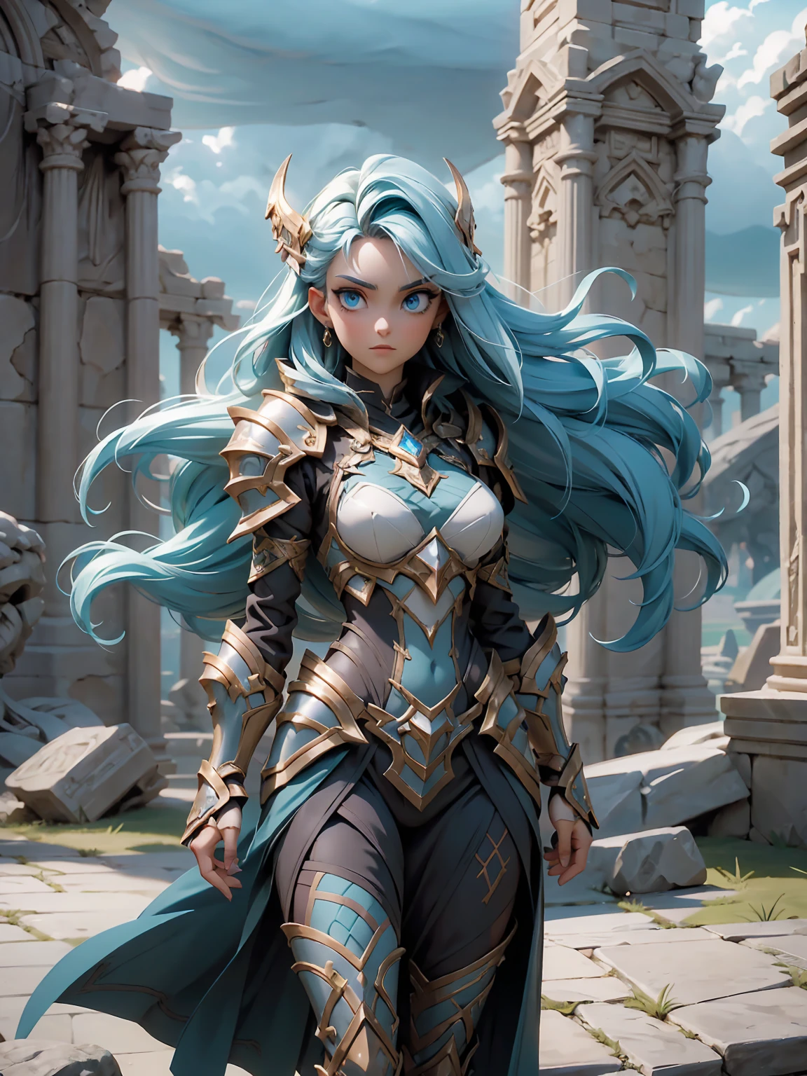 Full body shot of a fearless paladin with unparalleled beauty, featuring long, dark hair and striking blue eyes. She wears intricately designed draconic armor that glimmers with a mystical aura. Her armor is adorned with dragon scales and ornate patterns, giving it both an imposing and elegant appearance. In her hand, she wields a magnificent sword, the blade shimmering with a divine light, etched with runes of power. She stands in a majestic, celestial landscape, with radiant light filtering through the clouds, casting a holy glow upon her. The ground beneath her is a mix of ancient stones and sacred symbols, glowing softly as if infused with holy energy. Surrounding her are ethereal figures in shades of gold and white, their presence adding to the divine ambiance. The background features towering, ancient ruins and magnificent, skyward-reaching structures, hinting at a grand, heavenly stronghold. The scene is inspiring and powerful, with her face showing a serene yet determined expression, her eyes locked onto her noble mission.

[Best quality], [Masterpiece], [Ultra-detailed], [4k], {inspiring|majestic} atmosphere, celestial landscape, {dynamic pose|noble stance}, radiant illumination, {soft shadows|divine lighting}, {glowing ancient stones:0.7}, {ethereal figures:0.6}, {heavenly architecture:0.5}, {towering ruins:0.4}, {skyward-reaching structures:0.3}.