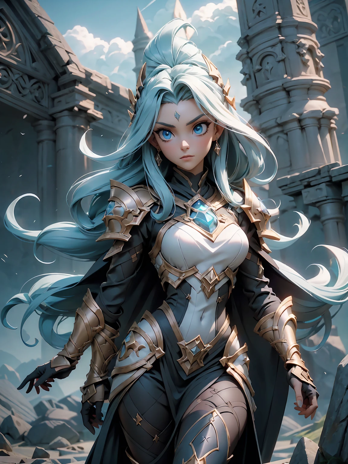 Full body shot of a fearless paladin with unparalleled beauty, featuring long, dark hair and striking blue eyes. She wears intricately designed draconic armor that glimmers with a mystical aura. Her armor is adorned with dragon scales and ornate patterns, giving it both an imposing and elegant appearance. In her hand, she wields a magnificent sword, the blade shimmering with a divine light, etched with runes of power. She stands in a majestic, celestial landscape, with radiant light filtering through the clouds, casting a holy glow upon her. The ground beneath her is a mix of ancient stones and sacred symbols, glowing softly as if infused with holy energy. Surrounding her are ethereal figures in shades of gold and white, their presence adding to the divine ambiance. The background features towering, ancient ruins and magnificent, skyward-reaching structures, hinting at a grand, heavenly stronghold. The scene is inspiring and powerful, with her face showing a serene yet determined expression, her eyes locked onto her noble mission.

[Best quality], [Masterpiece], [Ultra-detailed], [4k], {inspiring|majestic} atmosphere, celestial landscape, {dynamic pose|noble stance}, radiant illumination, {soft shadows|divine lighting}, {glowing ancient stones:0.7}, {ethereal figures:0.6}, {heavenly architecture:0.5}, {towering ruins:0.4}, {skyward-reaching structures:0.3}.
