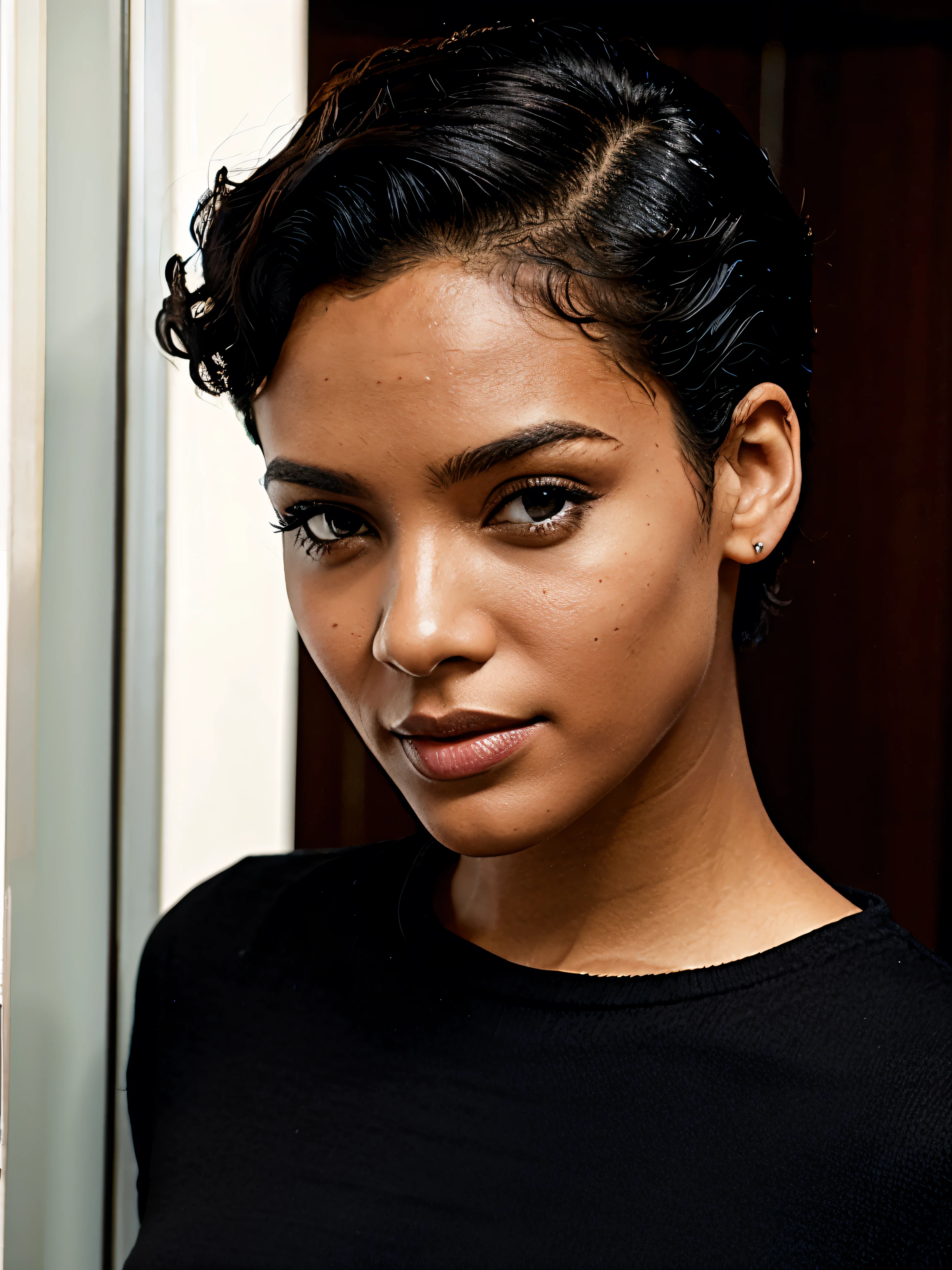 black female, curly hair, shorth hair, Hair slicked back with gel, topless, realisitic, professional foto, portraite