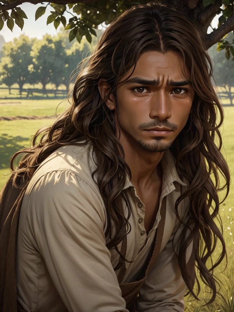 create an image detailed illustration of a strong peasant with light brown skin, expression of sadness and pain on his face, large light brown eyes with tears, very sad, brown wavy hair, under a tree and illuminated by sunlight in the evening