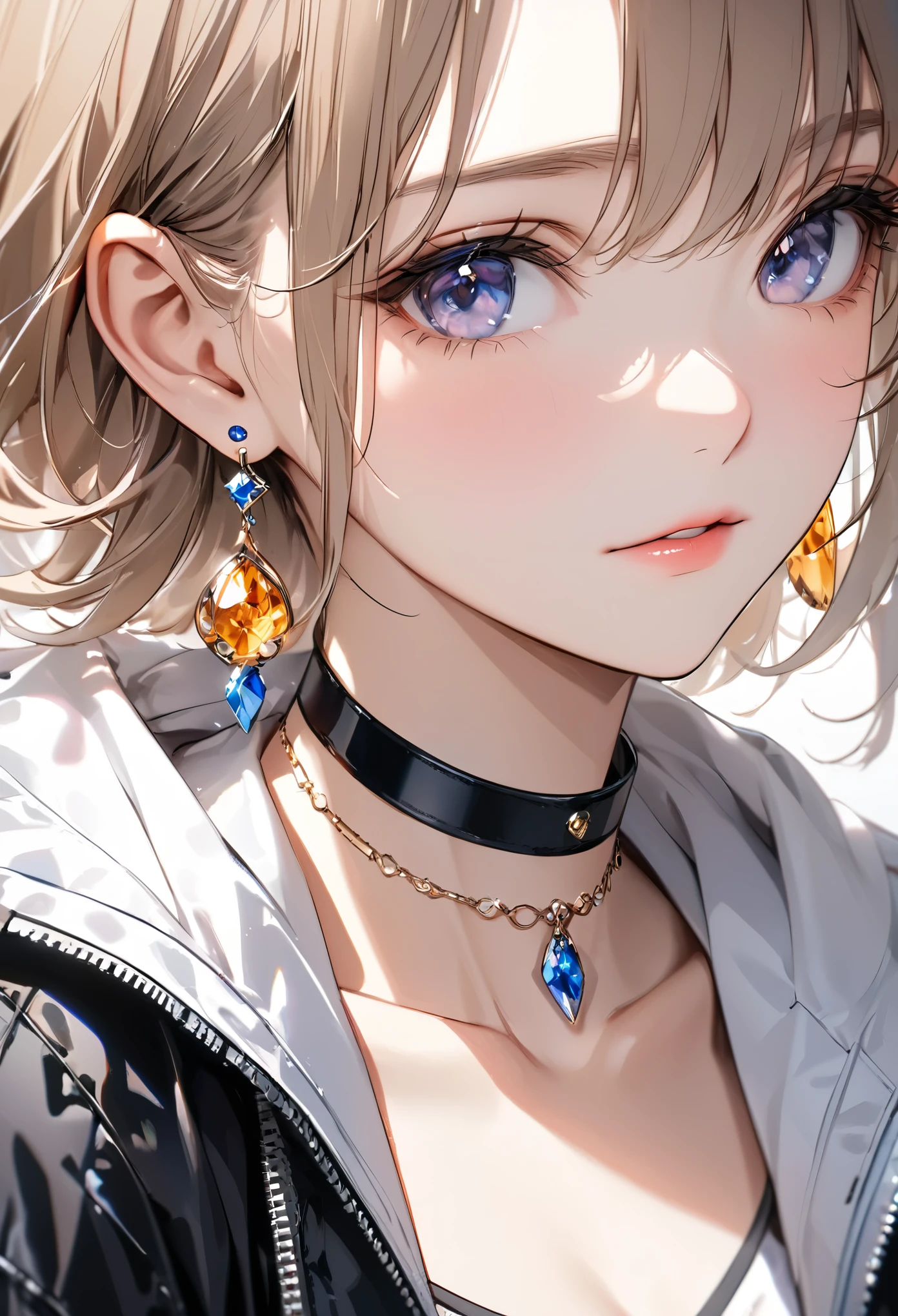 best quality, super_delicate, beautiful, 8k, jacket, earrings, choker, close up