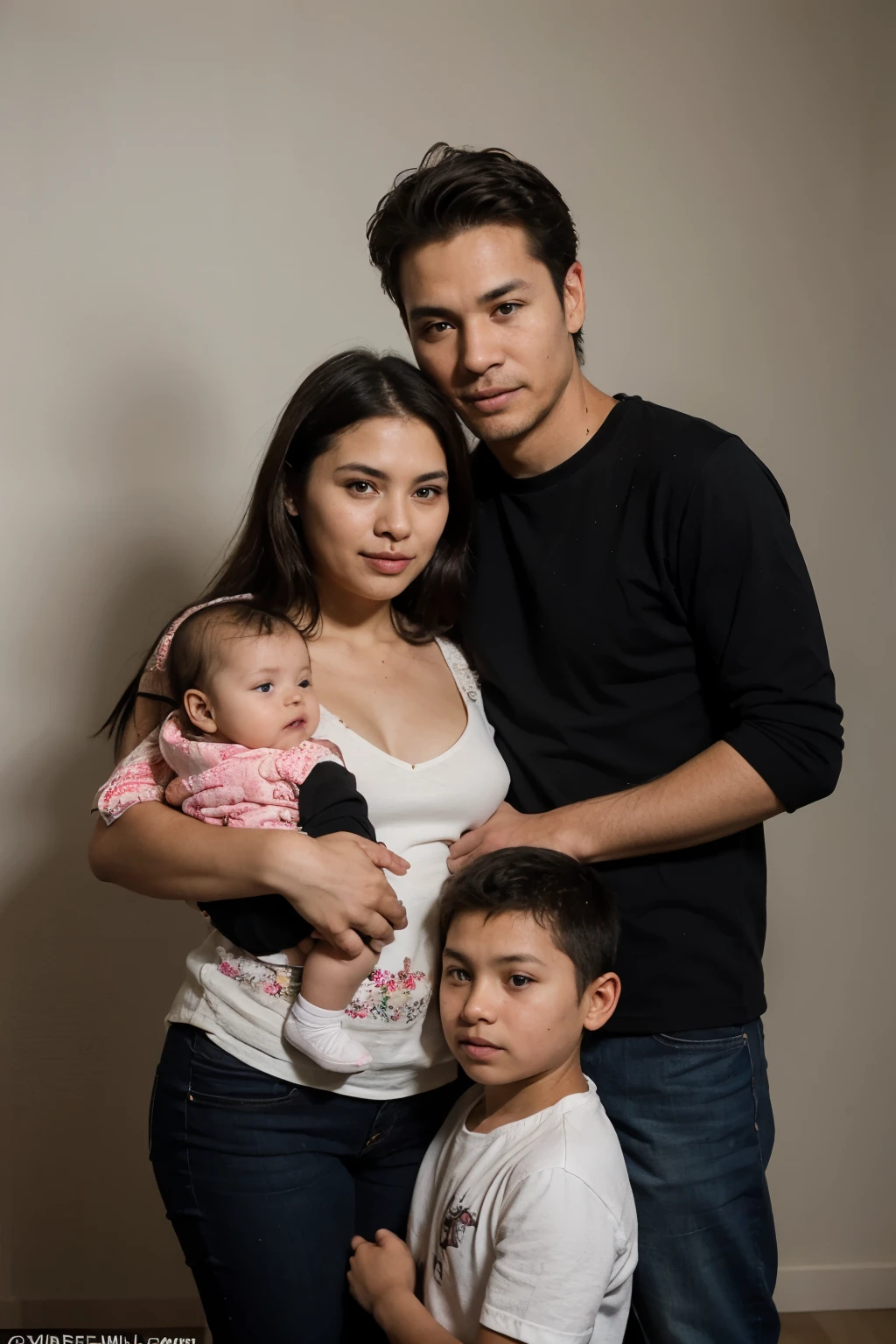 Indigenous man and his wife . Of equal height They hug their -yeld mason and a 2-month-old girl
