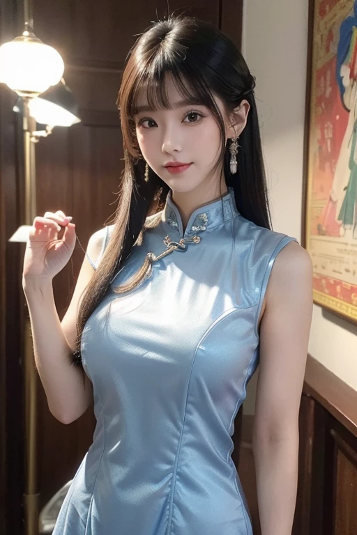 ((masterpiece、best quality))、shape、super detailed、8k、actual、sharp focus、Very detailed、professional lighting、spotlight、Colorful details、Detailed texture，A stunningly beautiful girl，Wearing a transparent cheongsam，(most suitable hairstyle:1.4)、(in the most helpful way:1.3)、(Half-length photo:1.4)、big breasts、perfect style、Body、18 years old、Smile、