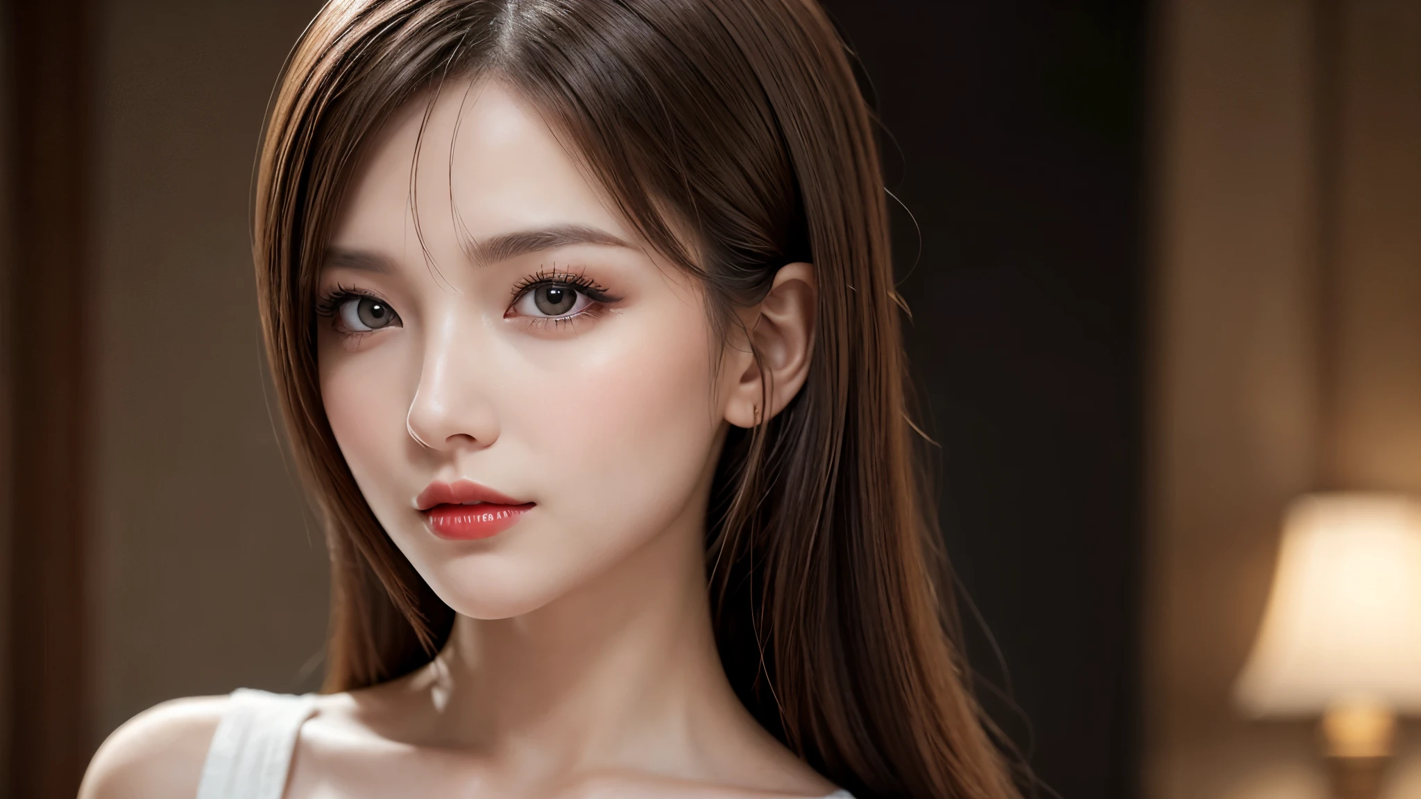 (8k, Ultra-high resolution, The best masterpiece, best quality:1.2), Very detailed, Complete Solution, (actual, actual photo: 1.37), portrait, Half Body, focus on eyes, HD RAW photos, career arrest, High quality and beautiful, 超高清 8k 影像照片, Volumetric lighting, Soft Light, confess, Professional photography, Very detailed的美麗女孩, Super delicate face shape, Contoured eyes, (Very detailed eyes), Precisely shaped nose, expressive lips, Delicate skin, (HD Skin:1.2), Neatly contoured fingers, Every feature is carefully displayed, a story, (20:1.2), Twenty generations, cute girl, young mother, Beautiful mature lady, brown hair, long, straight hair, sparkling amber eyes, red lips, Eye makeup, Cleavage, Stylish casual wear, perfect anatomy, Detailed background, HD background without blur, particle, actual, stunning details, 8k Ultra HD, high quality, CG unity, C4D Rendering, 3D Rendering