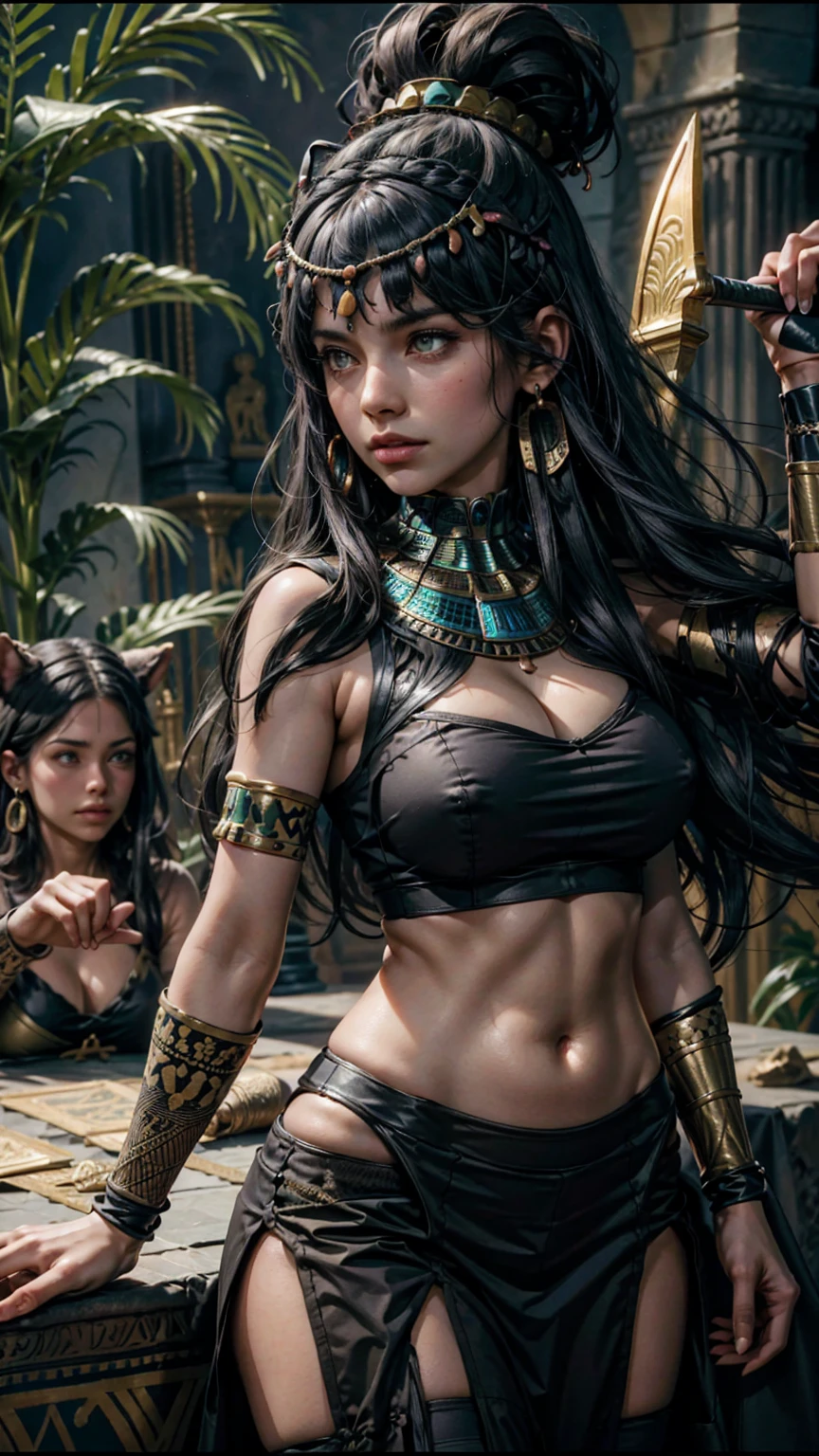 1 adult welsh woman, green eyes, black hair flaps, portrait, solo, upper body, looking at viewer, detailed background, detailed face,  OldEgyptAI, ancient egyptian theme,  feral jungle warrior, pink tribal clothing, obsidian, defensive stance, stone knife, bushes, poisonous plants, rocks,  humid climate, darkness, cinematic atmosphere,
dark chamber, dim light (zentangle, mandala, tangle, entangle:0.6), 
(35mmstyle:1.1), front, masterpiece, 1970s film, , cinematic lighting, photorealistic, high frequency details, 35mm film, (film grain), film noise,