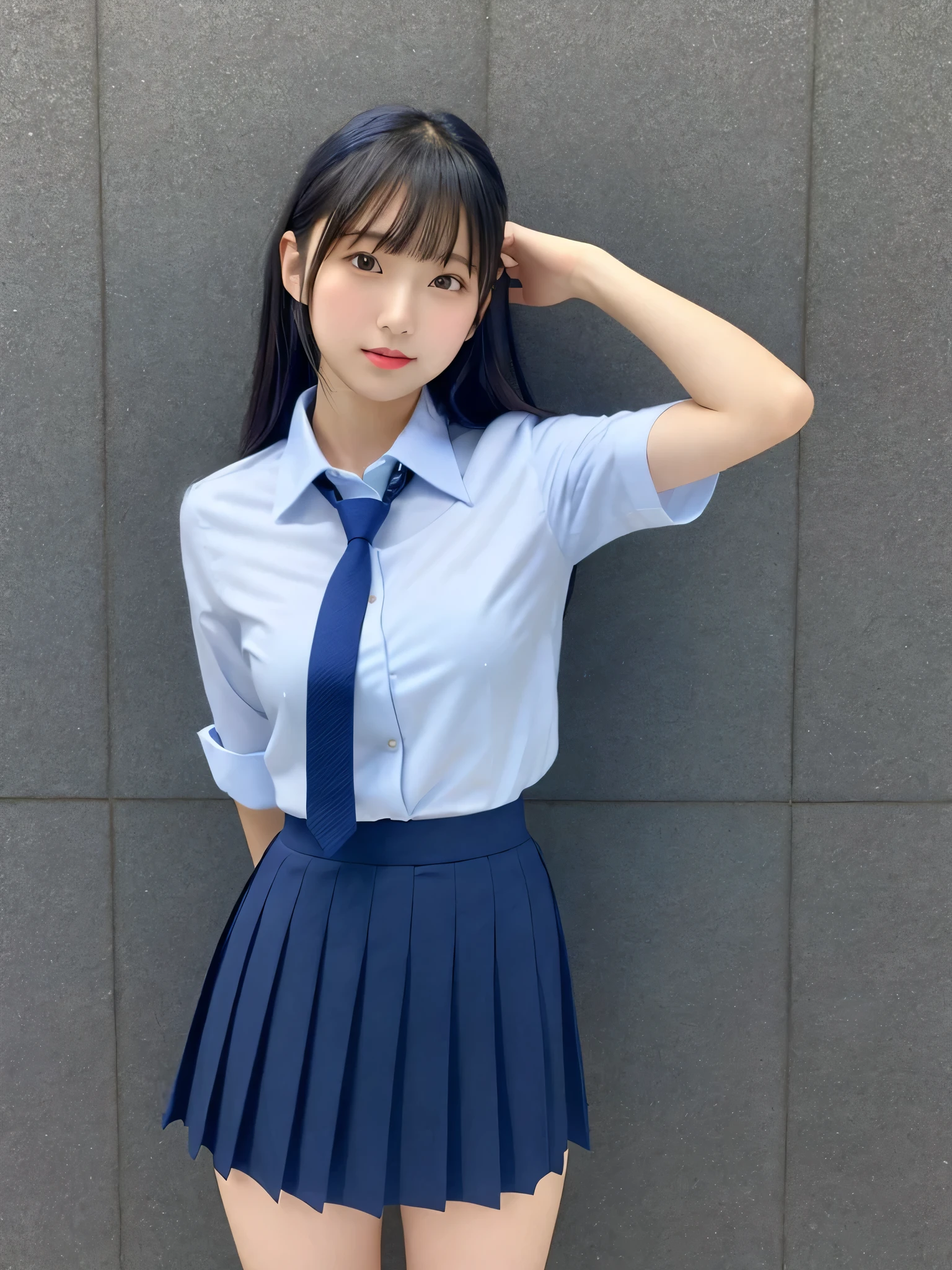 Japan girl, teenage girl, perfect figure, transparency, modest breasts, , navy blue tie, navy blue skirt, light blue shirt, gravure idol