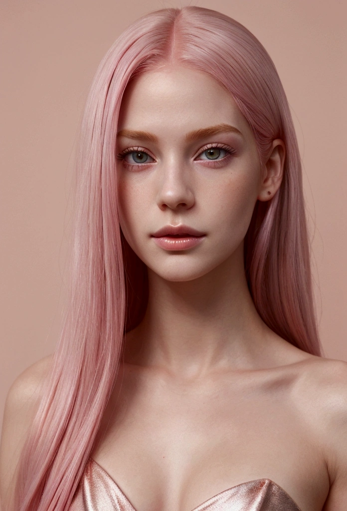 Adorable and innocent face, fair skin, (long pink hair), magenta eyes, slender European young woman, pink gold rose gold color theme, anatomically correct, realistic proportions