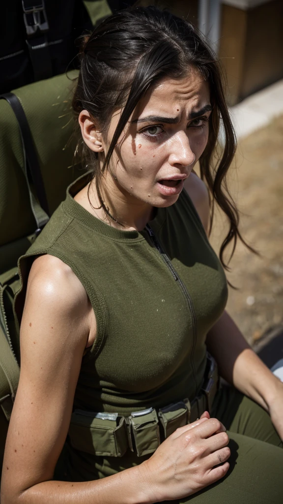 Raw, best quality, masterpiece, Ultra-realistic, ultra-detailed, Israelian, big breasts women, dirty face, bloody face, blood spot on face, wearing israeli army uniform, exposed suit, skin texture details, shoulder skin seen, sitting sadness, crying face, screaming, lost for war, cringe, crowded by Hamas soldier, 8k resolution
