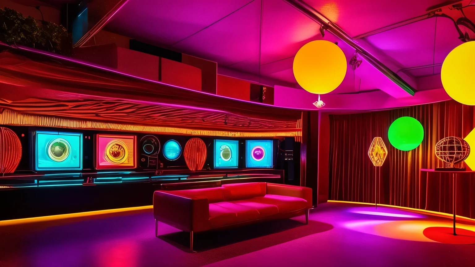 disco ambience from 70s, ROTATING BALLOONS, lights, 70s era speakers, equalizations, power amplifiers and everything that reminds us of the years , no figures no environment
