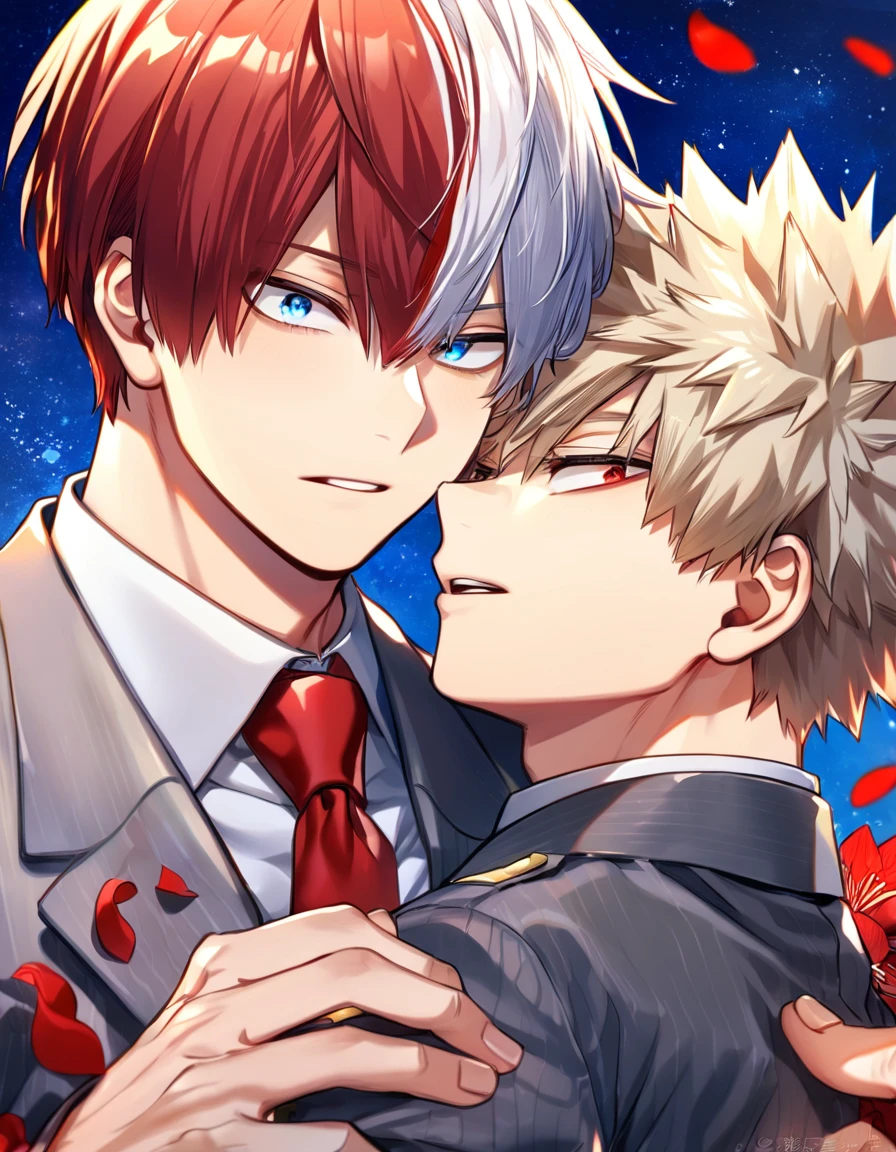 absurdres, highres, ultra detailed, HDR, master piece, Todoroki Shouto, bicolor hair, right side of hair is red, left side of hair is white, expressive blue eyes, Bakugo Katsuki, ash blonde hair, expressive red eyes, gray jacket, red necktie, Boku No Hero Academia, two sexy man together, gay couple, yaoi, handsome, best quality, red lilies flowers, fantasy, red shining fireflies, red petals, sensual, starry sky, shining, red blossoms, love, magical